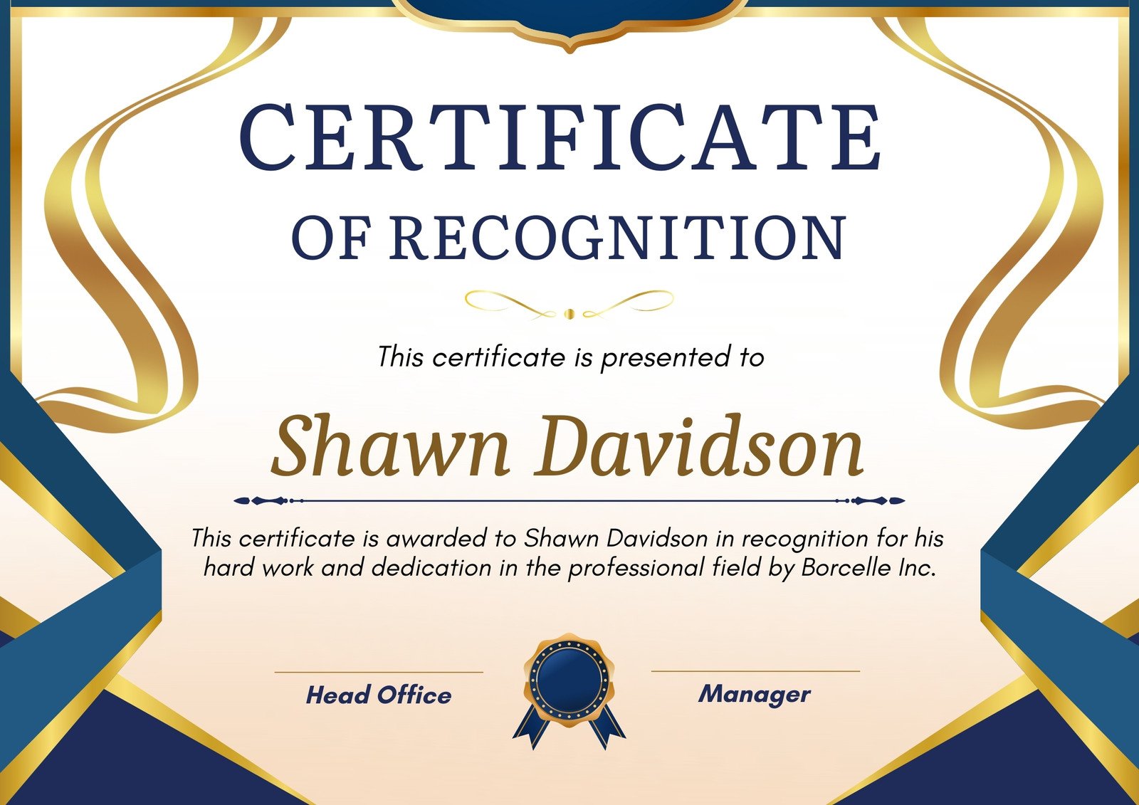 Gold and Blue Modern Elegant Certificate of Recognition