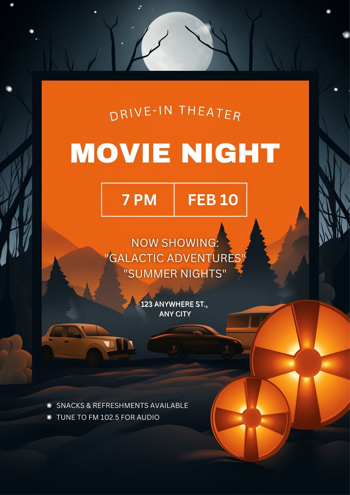 Orange And Black Illustrative Drive-in Theater Movie Night Poster