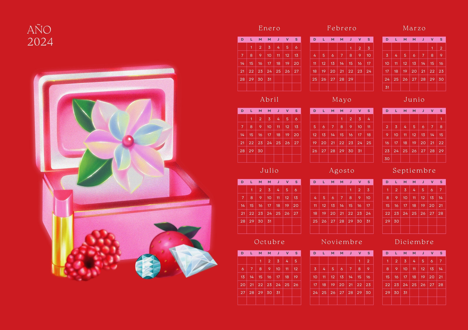 Calendario anual 2024 con estilo floral en color blanco y rojo - Templates  by Canva