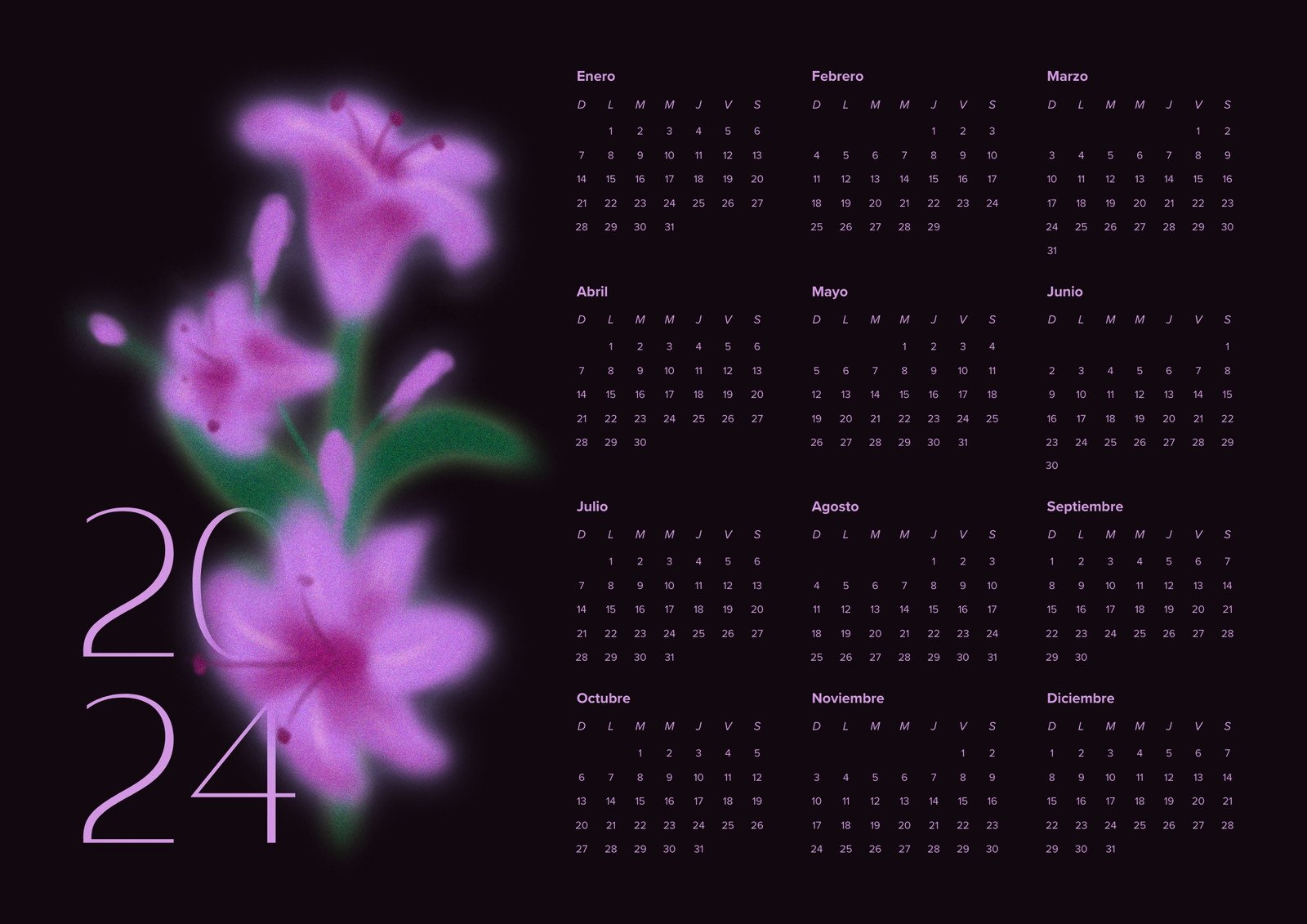 Calendario Anual 2024 Meses Floral Moderno Degradado Rosa Negro