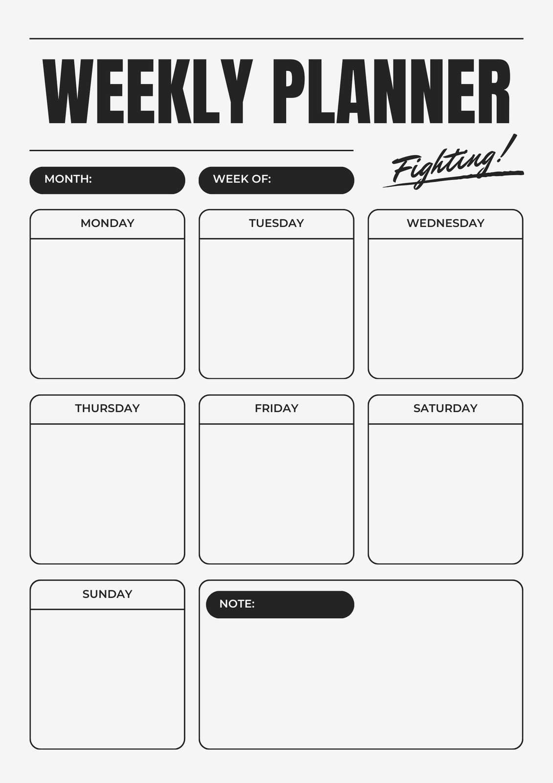 Grey Black Bold Simple Weekly Planner