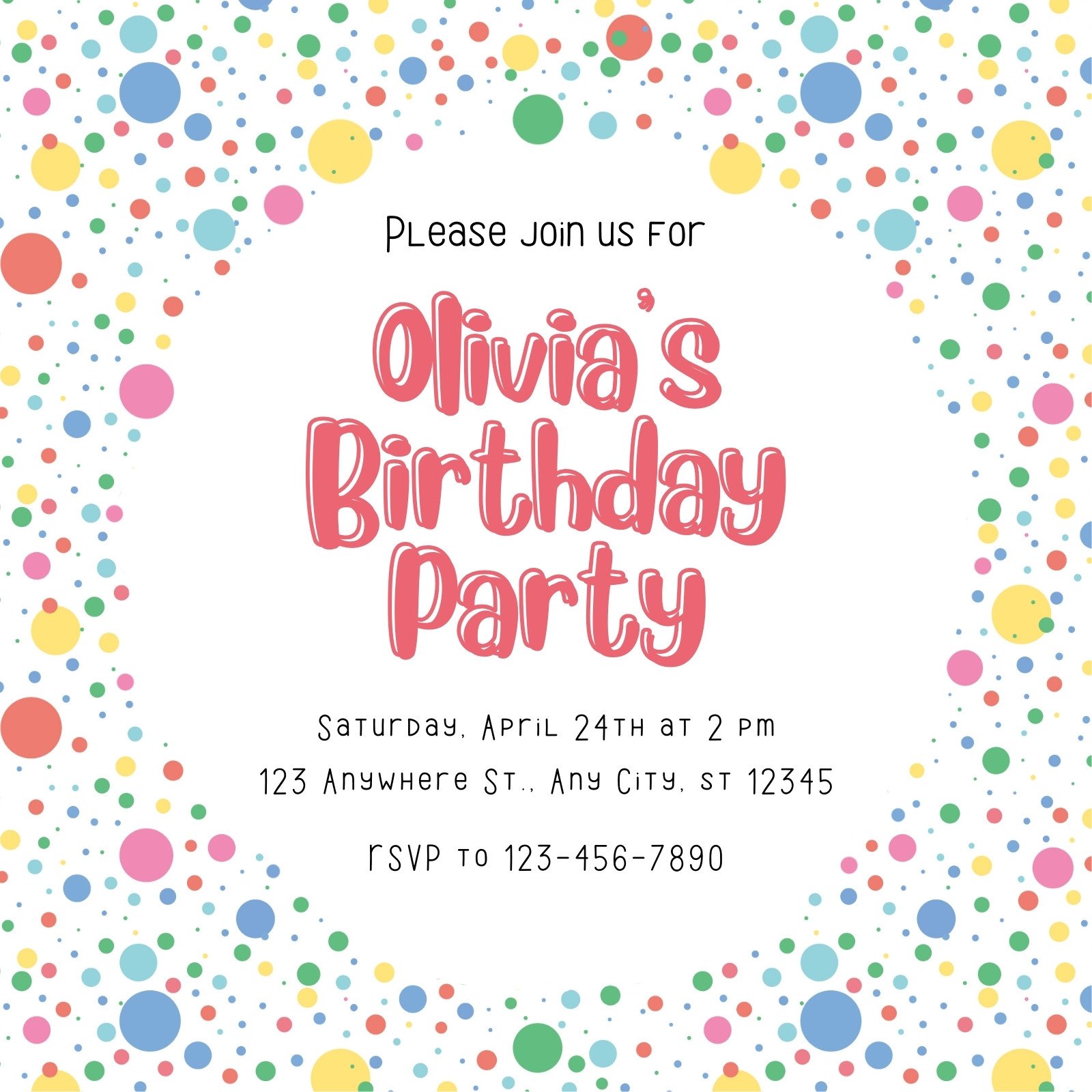 Modern simple cute vibrant colorful dots kids birthday party invitation