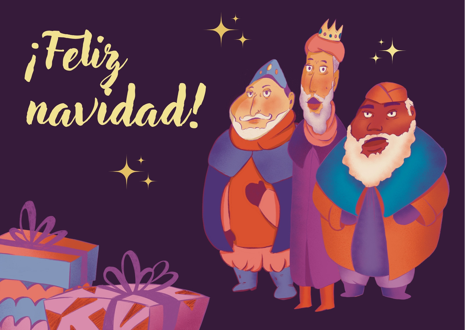 Postal felicitación navideña reyes magos ilustrado infantil morado amarillo