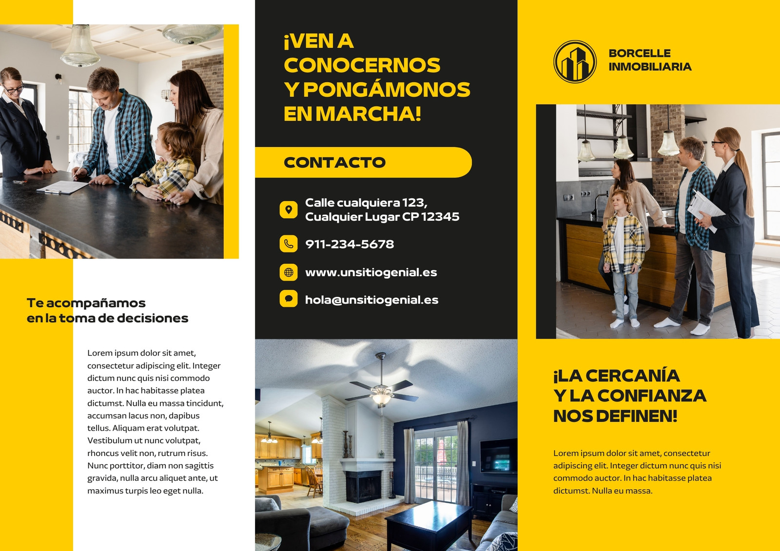 Folleto Tríptico Inmobiliaria Proyecto Empresarial Moderno Sencillo Amarillo y Negro