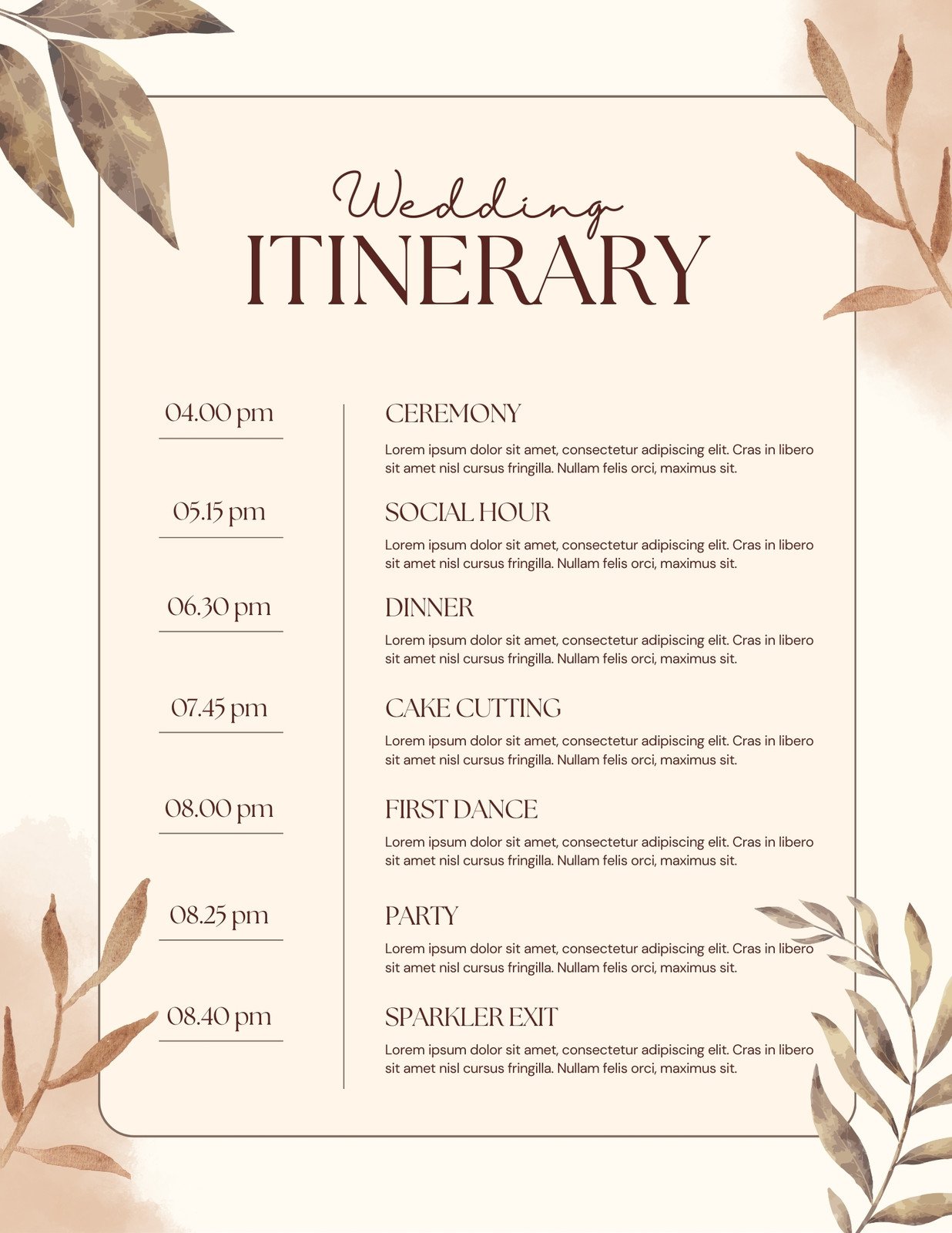Brown and Cream Watercolor Wedding Itinerary
