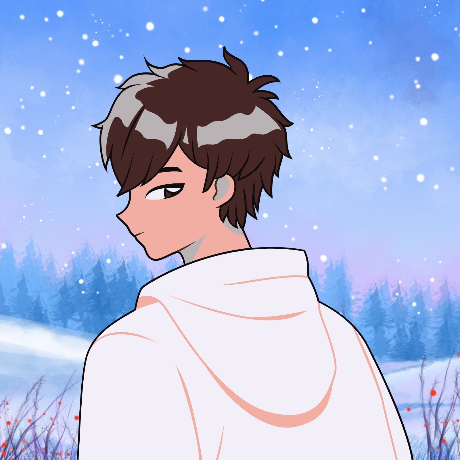 Blue and White Gradient Watercolor Sparkle Snow Anime Boy Illustrative Avatar