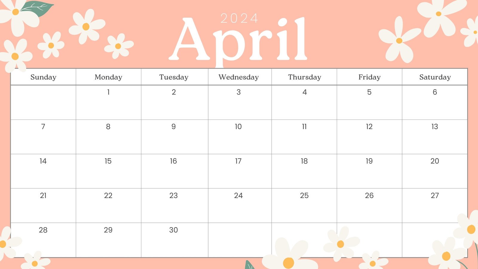 Peach Daisy Planner 2024 April Monthly Calendar