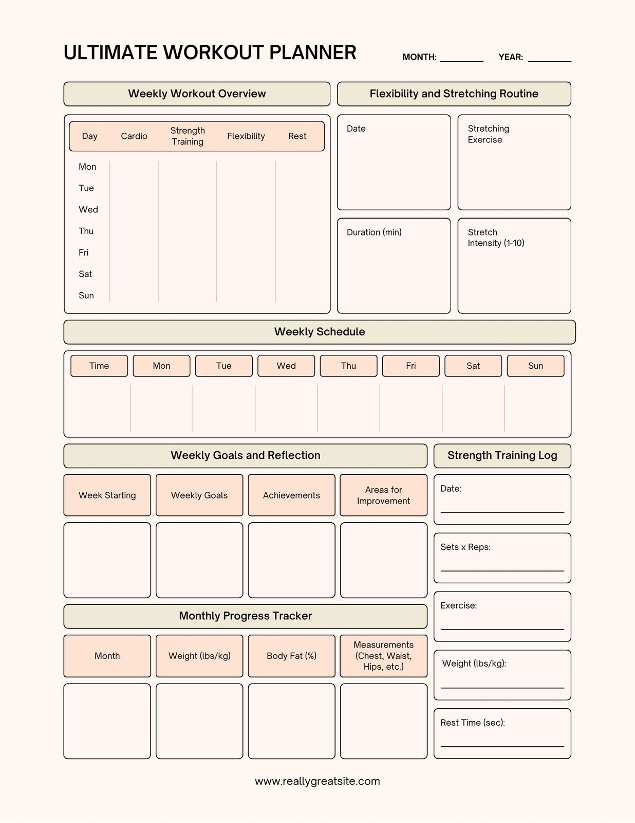 Cream Simple Weekly Workout Planner
