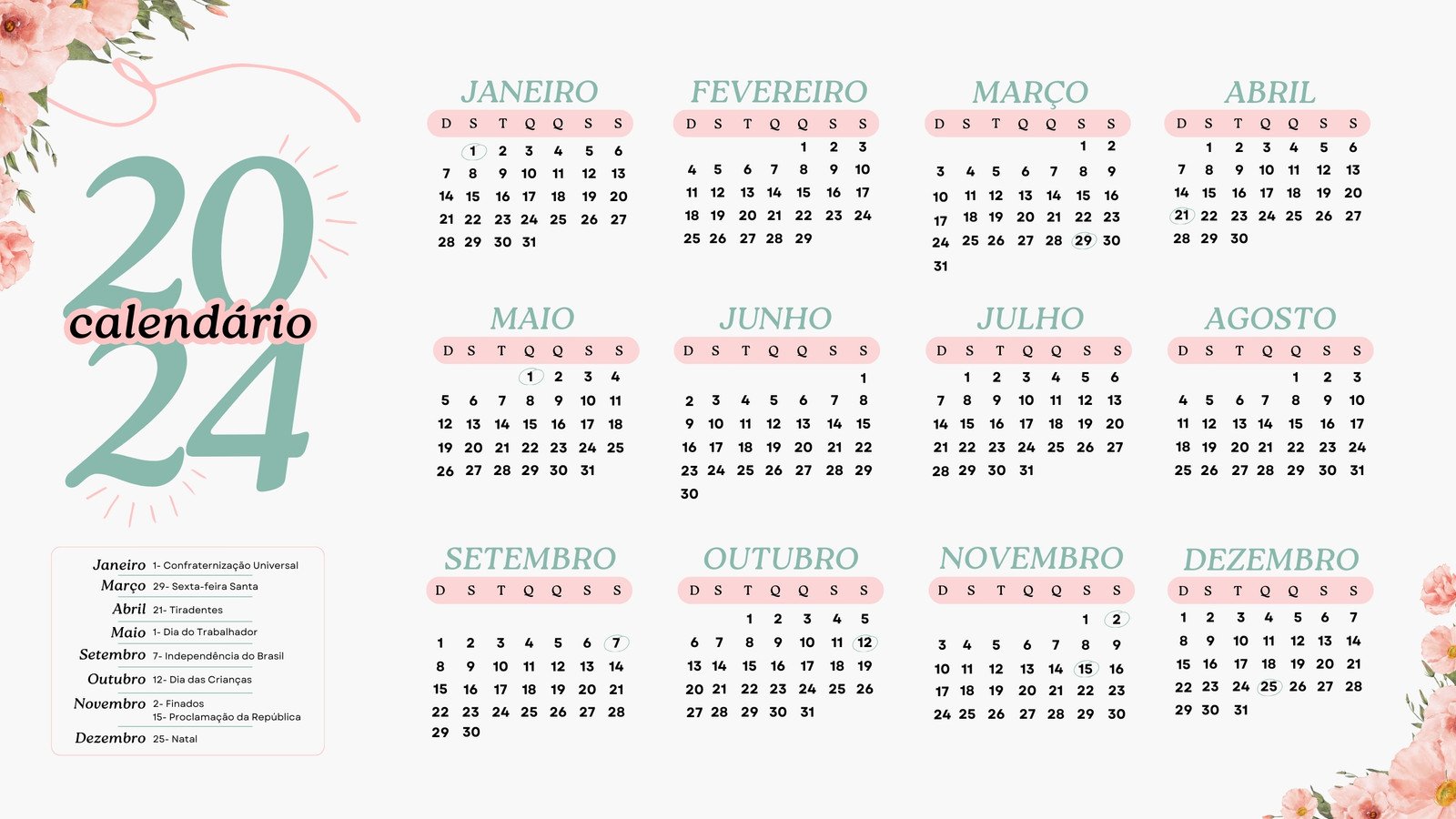Calendario anual 2024 con estilo floral en color blanco y rojo - Templates  by Canva