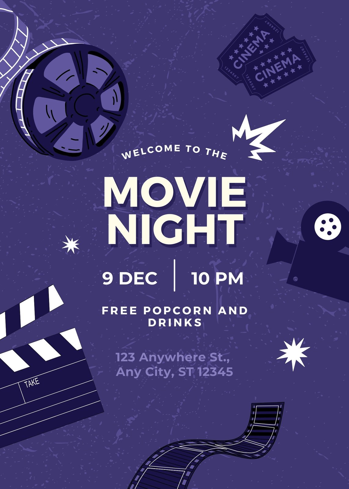Purple Vintage Illustrative Movie Night Poster