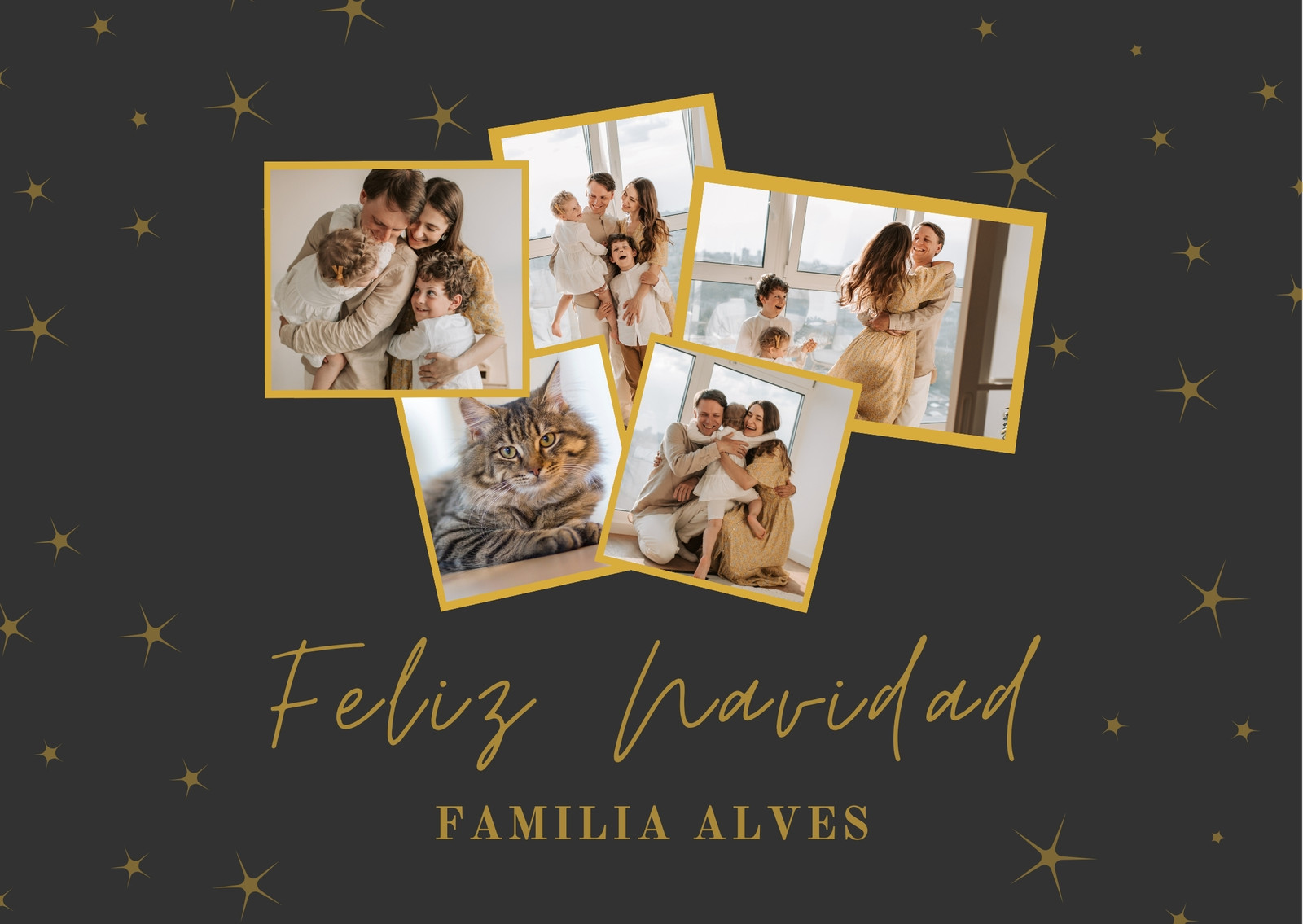 Postal Felicitación Navideña Collage Familia Elegante Sencilla Minimalista Negro y Dorado