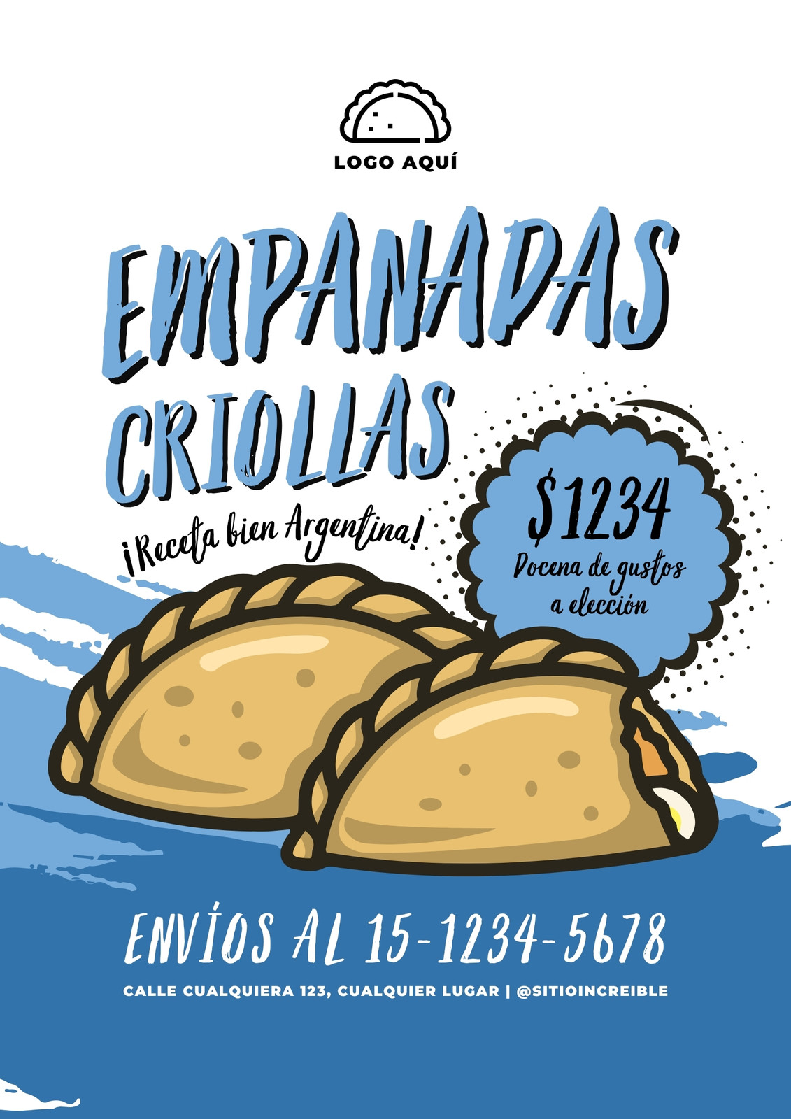 Flyer de Empanadas Argentinas Ilustrado Celeste y Blanco
