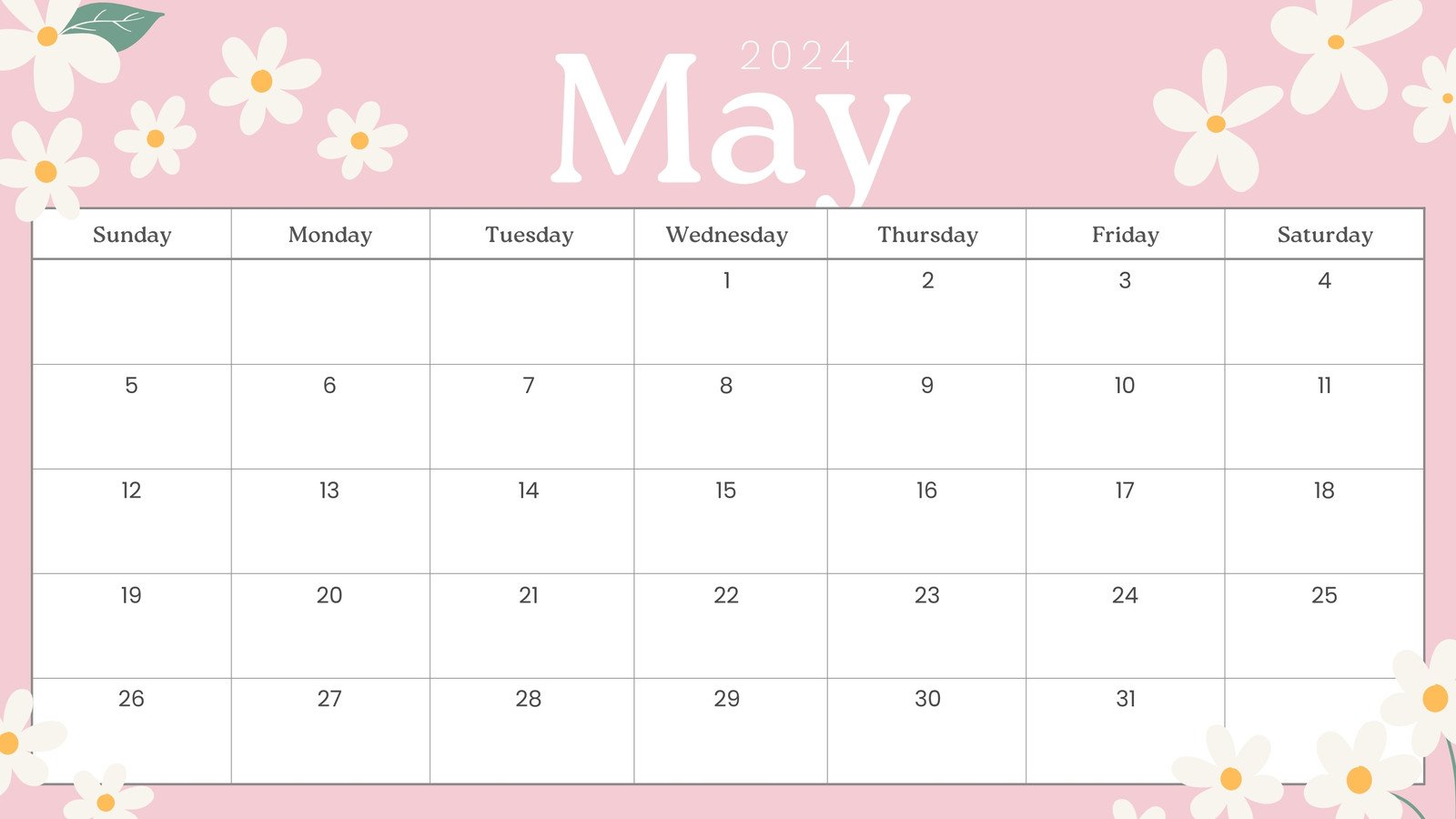 Pink Daisy Planner 2024 May Monthly Calendar