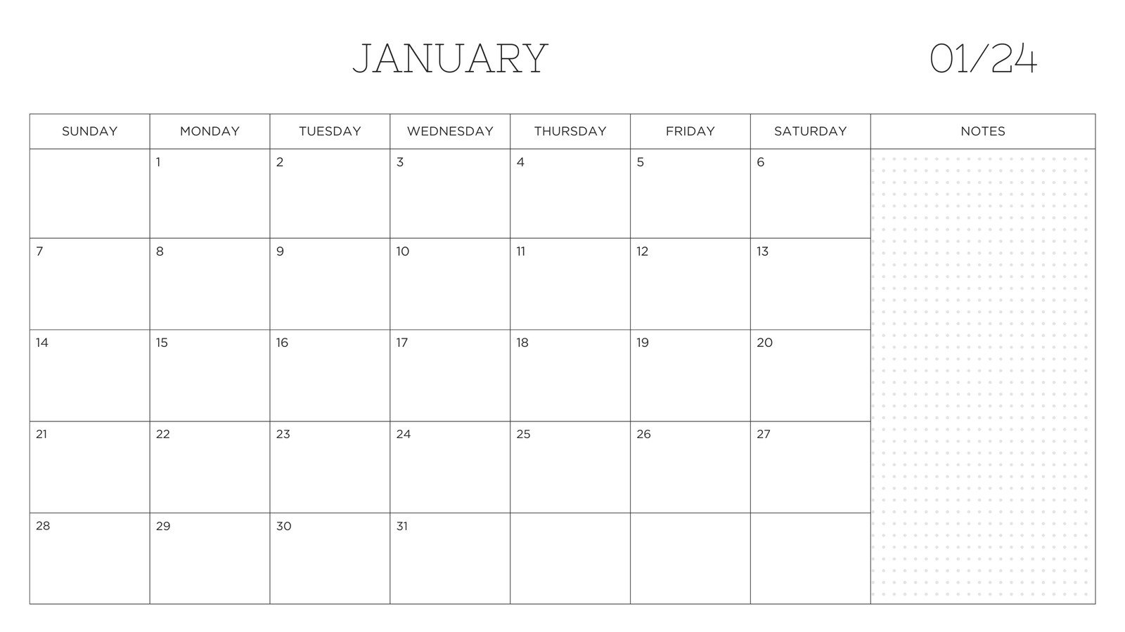 Black and White Modern Minimalist 2024 Monthly Calendar