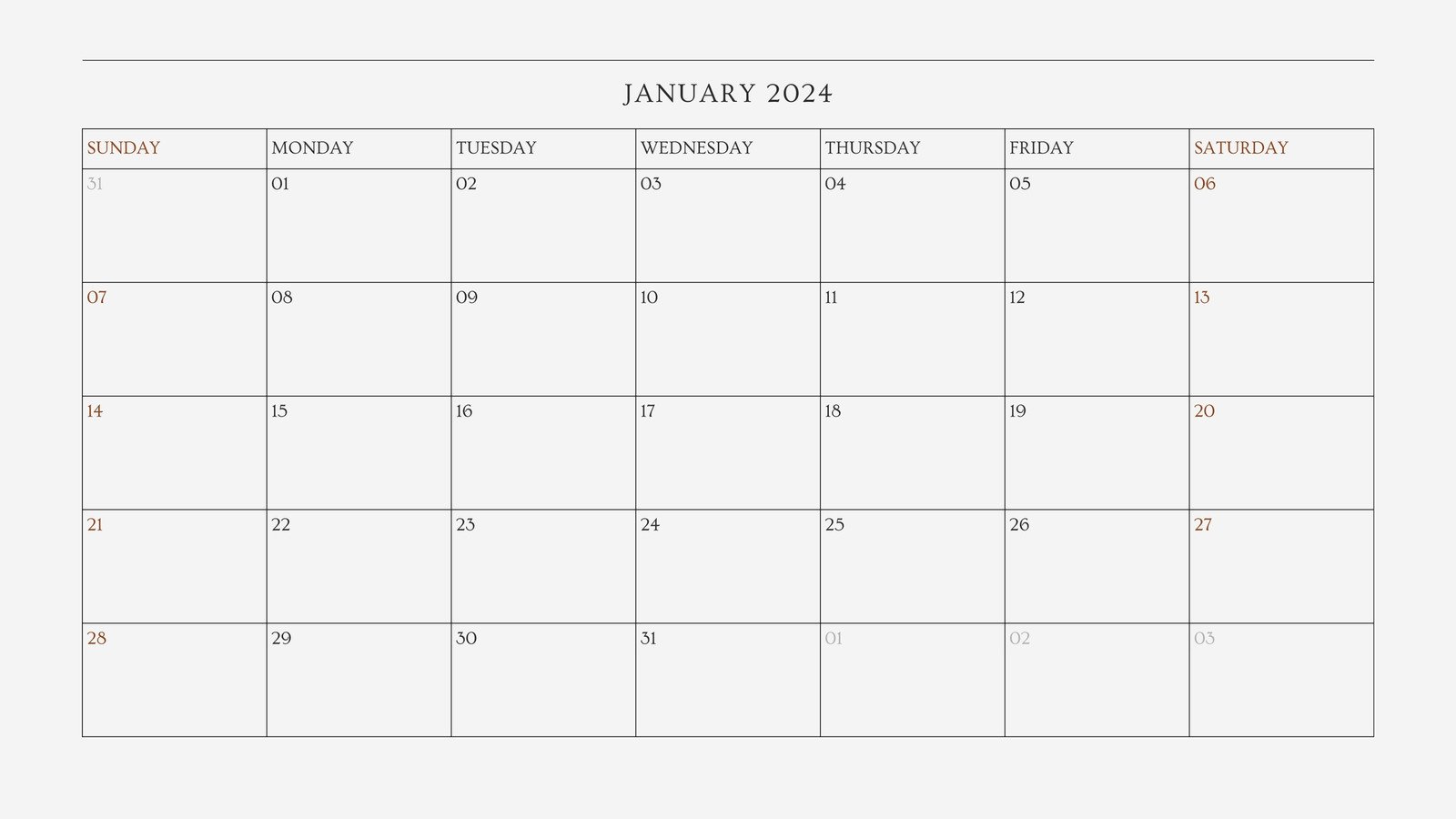 White Simple Minimalist January 2024 Monthly Calendar