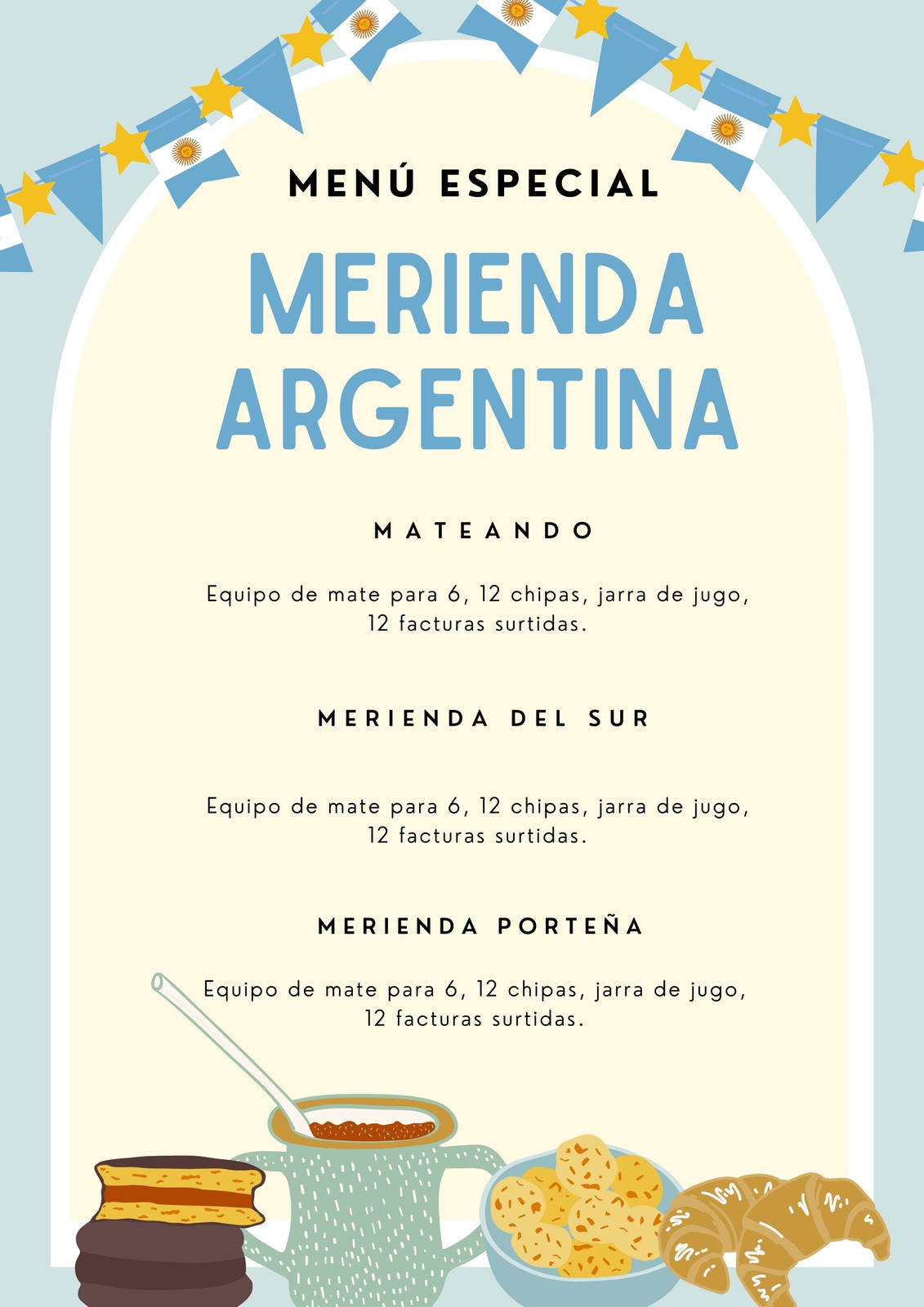 Historia de instagram menú merienda argentina celeste ilustrativa
