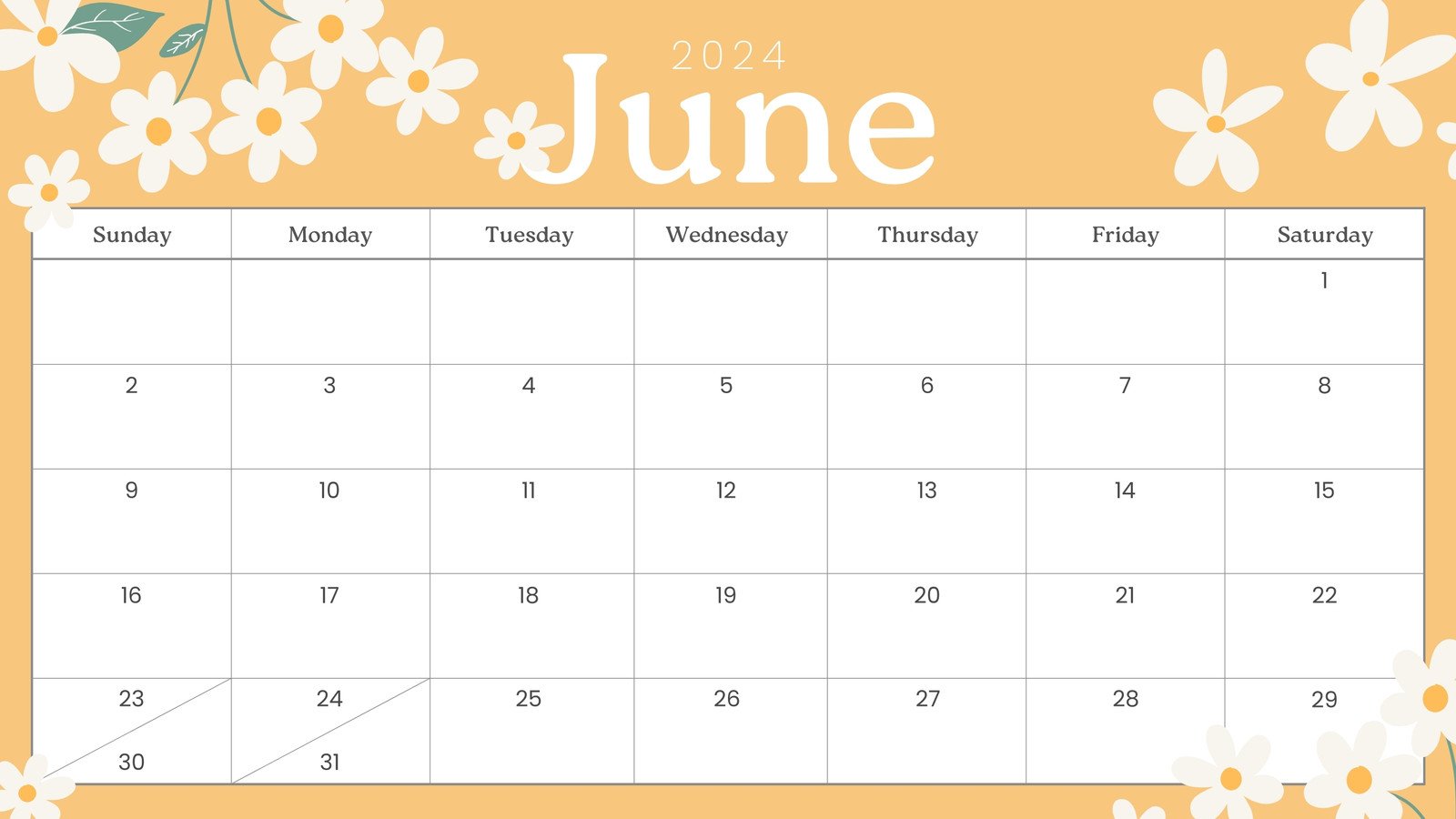 Yellow Daisy Planner 2024 June Monthly Calendar