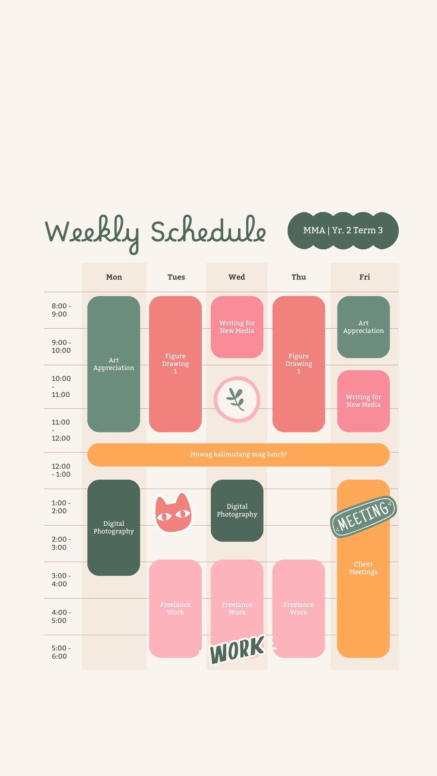Working College Student Weekly Schedule Phone Wallpaper in Beige Green Pink Cute Stickers Style