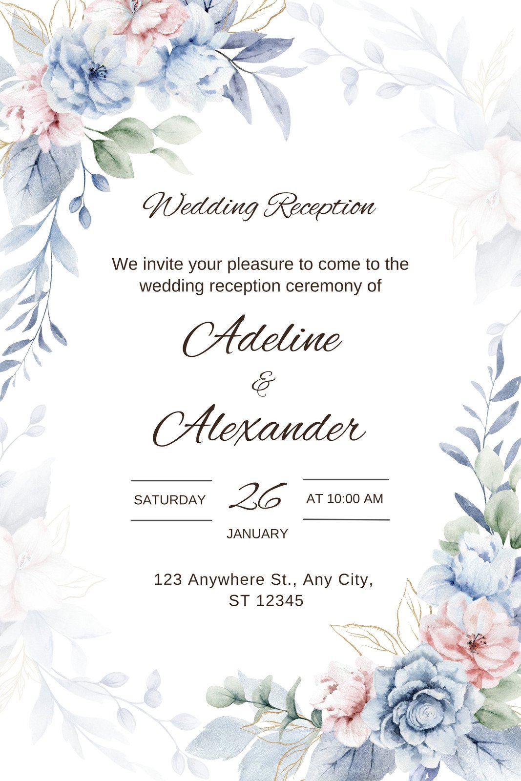 White and Blue Floral Wedding Reception Card