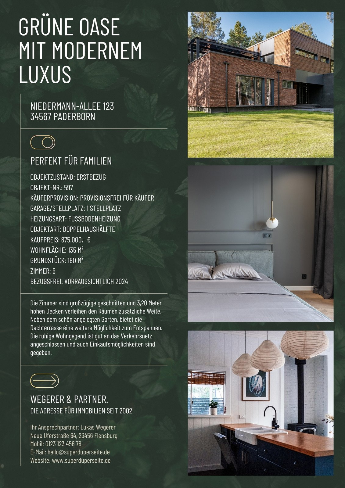 Immobilienexposé-Flyer in geometrischem Business-Stil in Grün Weiß Gelb