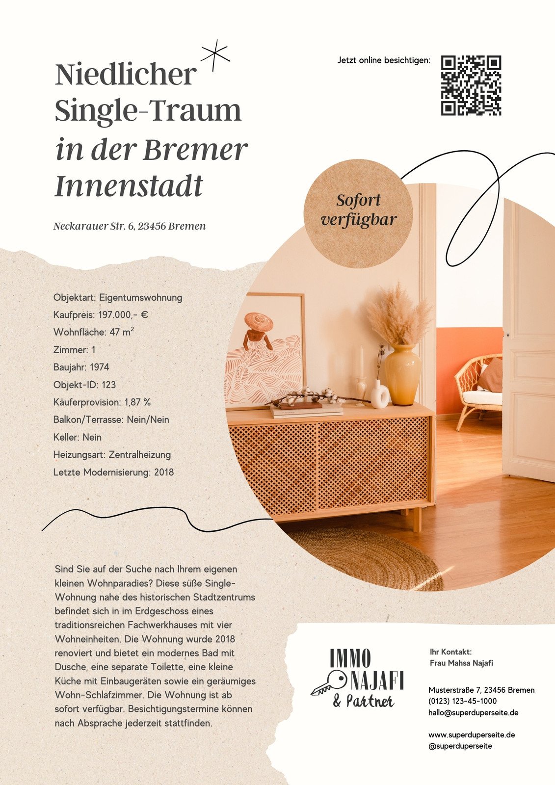 Immobilienexposé-Flyer in Grunge-Stil in Beige Orange Weiß