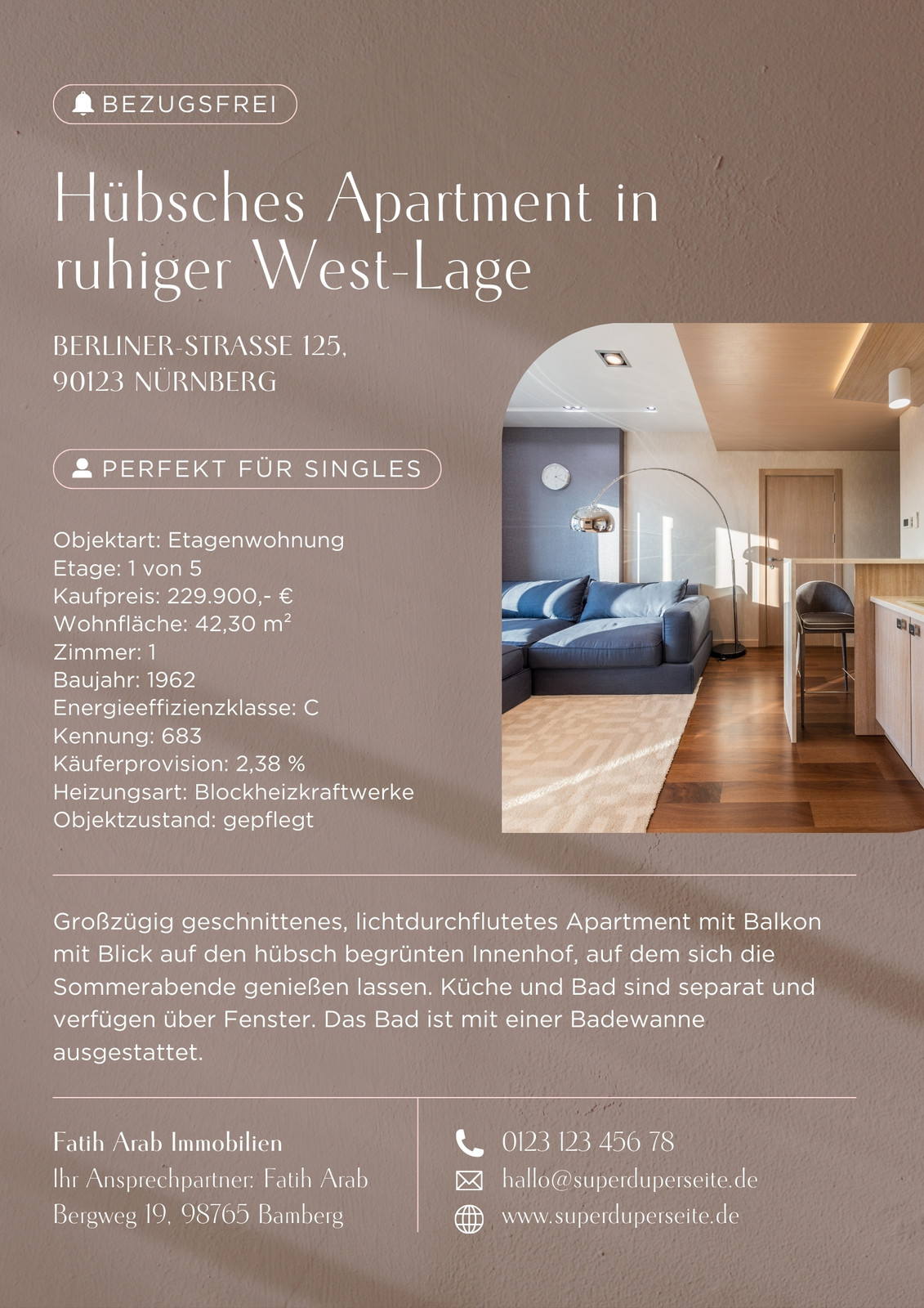 Immobilienexposé-Flyer in minimalistischem Stil in Taupe Weiß Braun