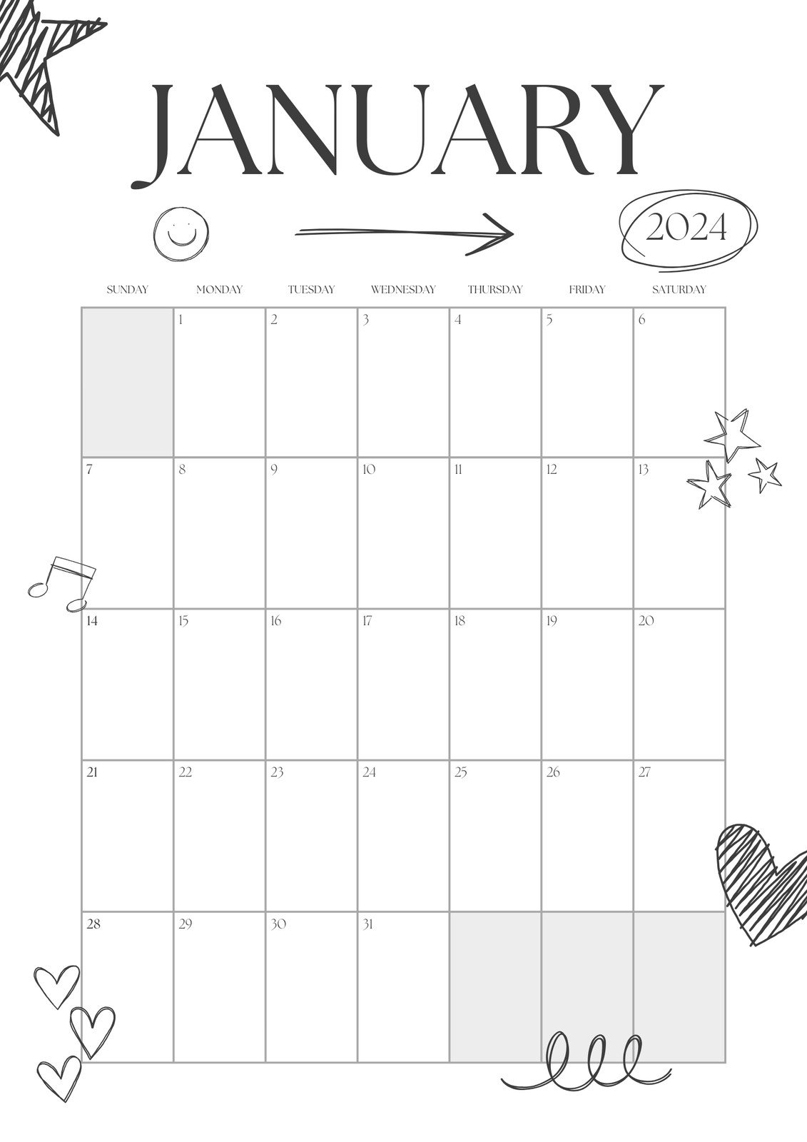 Black and White Simple Cute Doodle Style 2024 Monthly Planner
