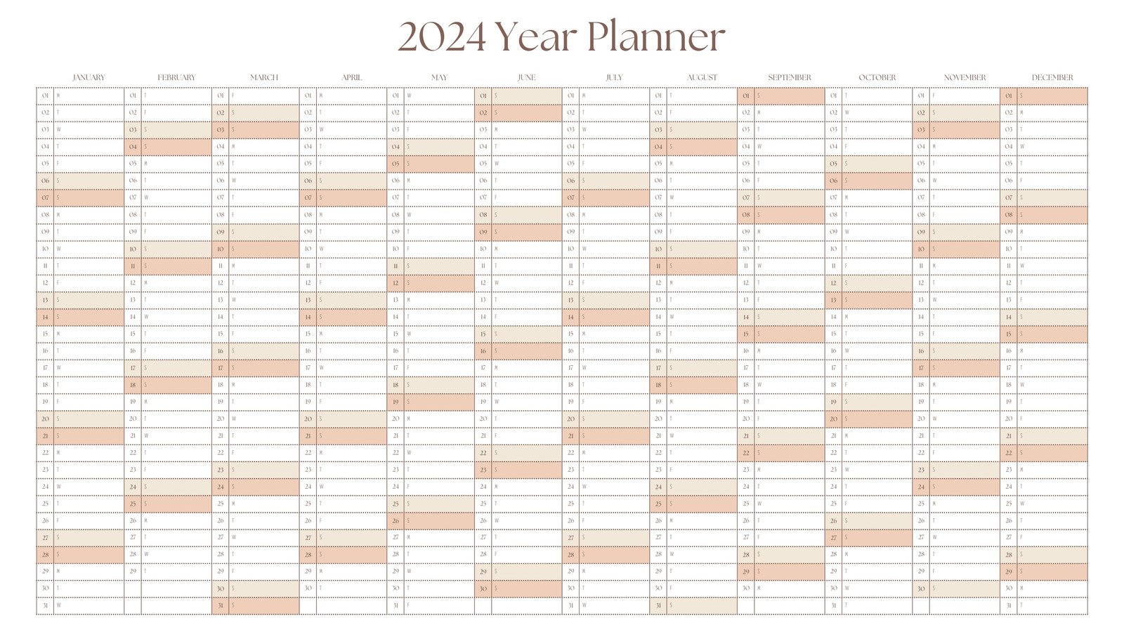 Light Beige and White Simple 2024 Year Planner Calendar