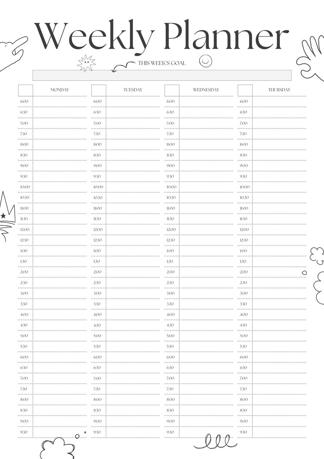 Black and White Cute Playful Weekly Schedule Planner