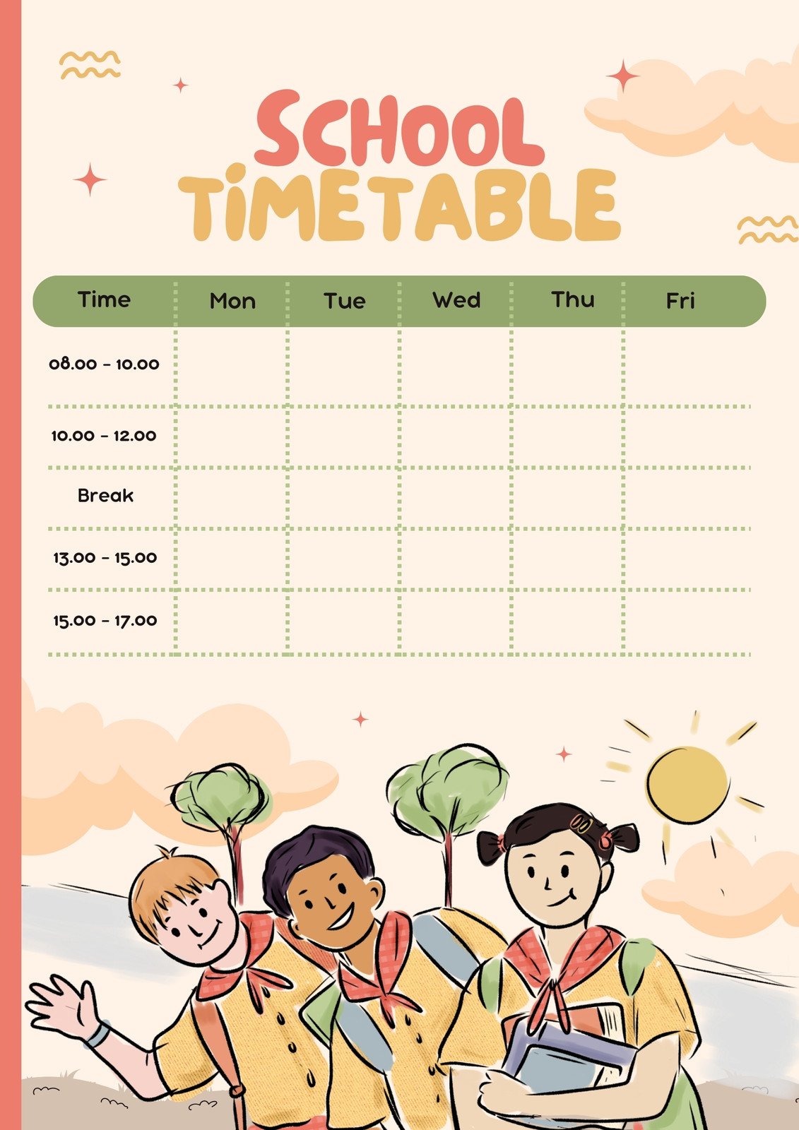Pink Orange and Green Cute Fun School Timetable