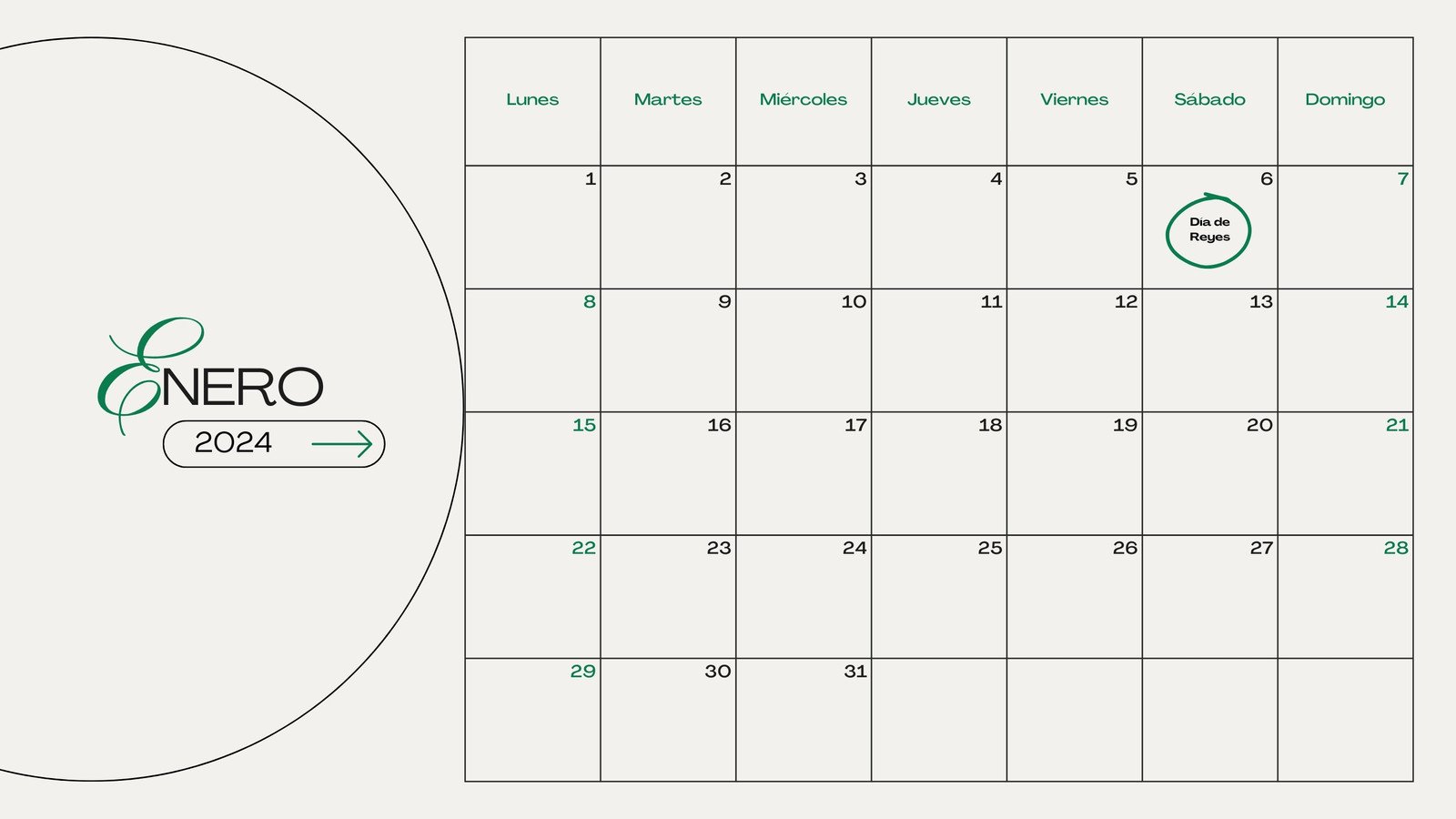 Calendario Mensual Enero Minimalista Verde y Beige