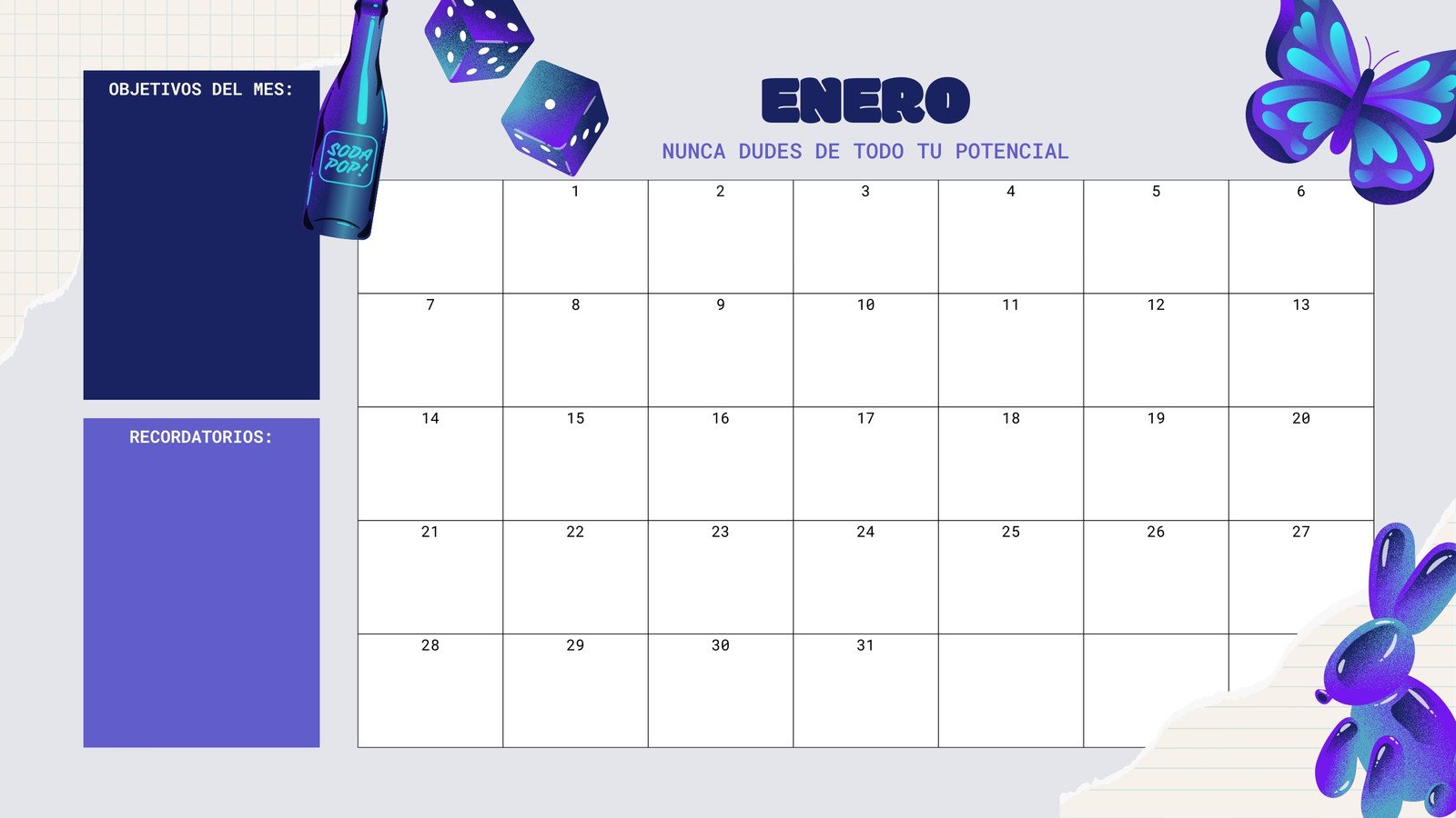 Calendario 2024 Mensual Retro Azul y Morado