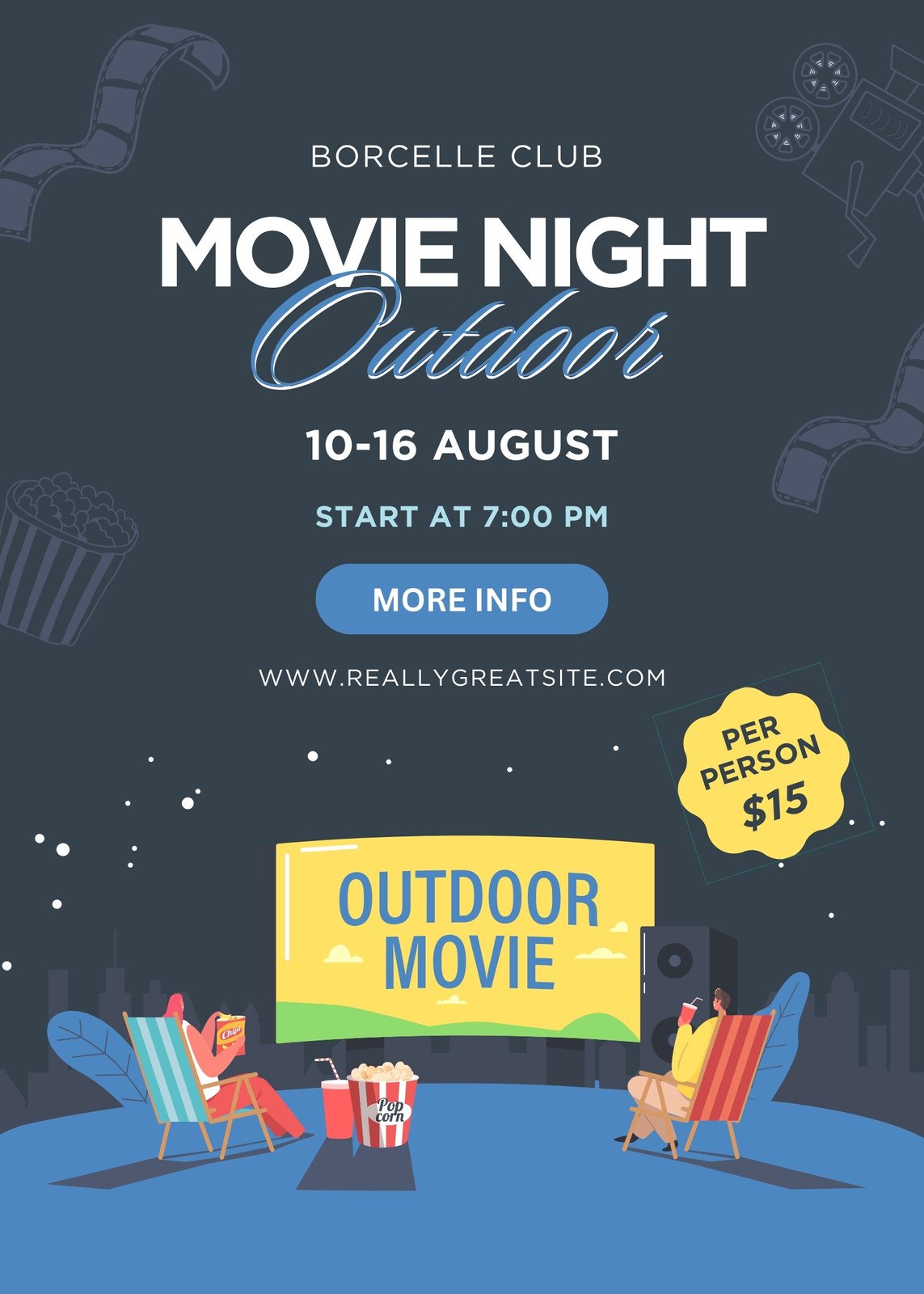 Black and Blue Illustrative Movie Night Outdoor Poster