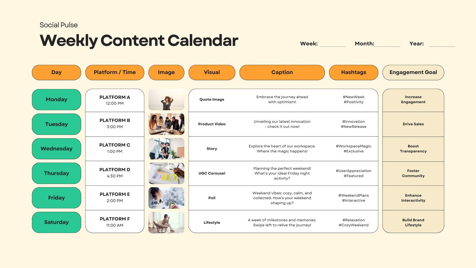 Weekly Social Media Content Calendar