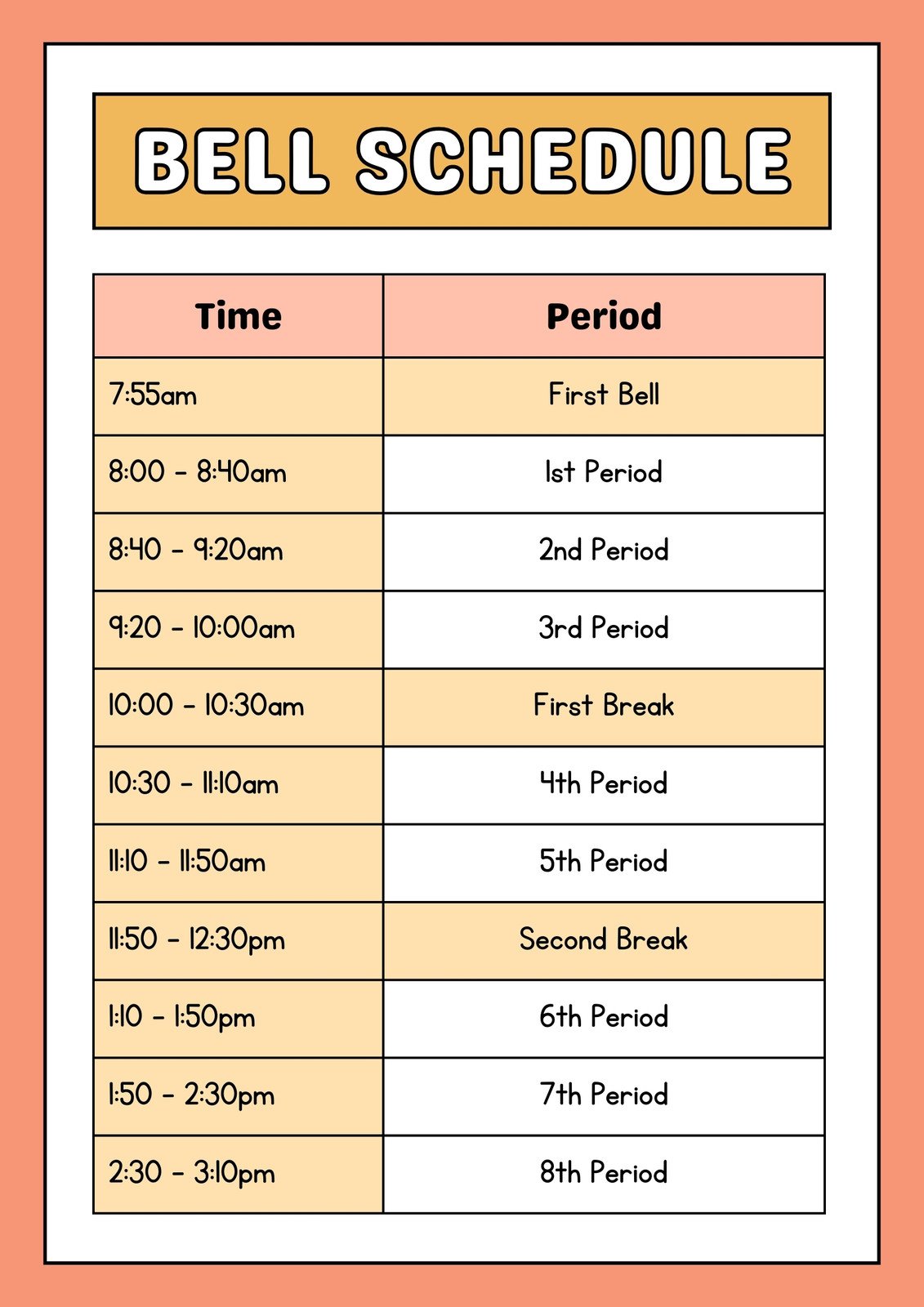 School Bell Schedule Document in Orange Yellow Bold Style 