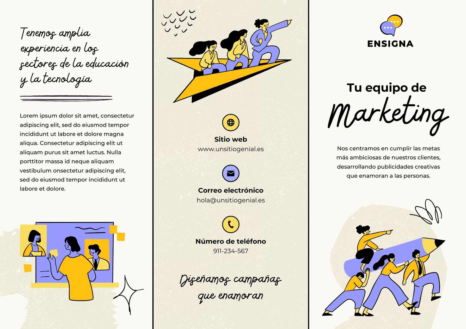 Folleto Tríptico de Servicio Marketing Diseño Empresa Ilustrado Doodle Morado y Amarillo