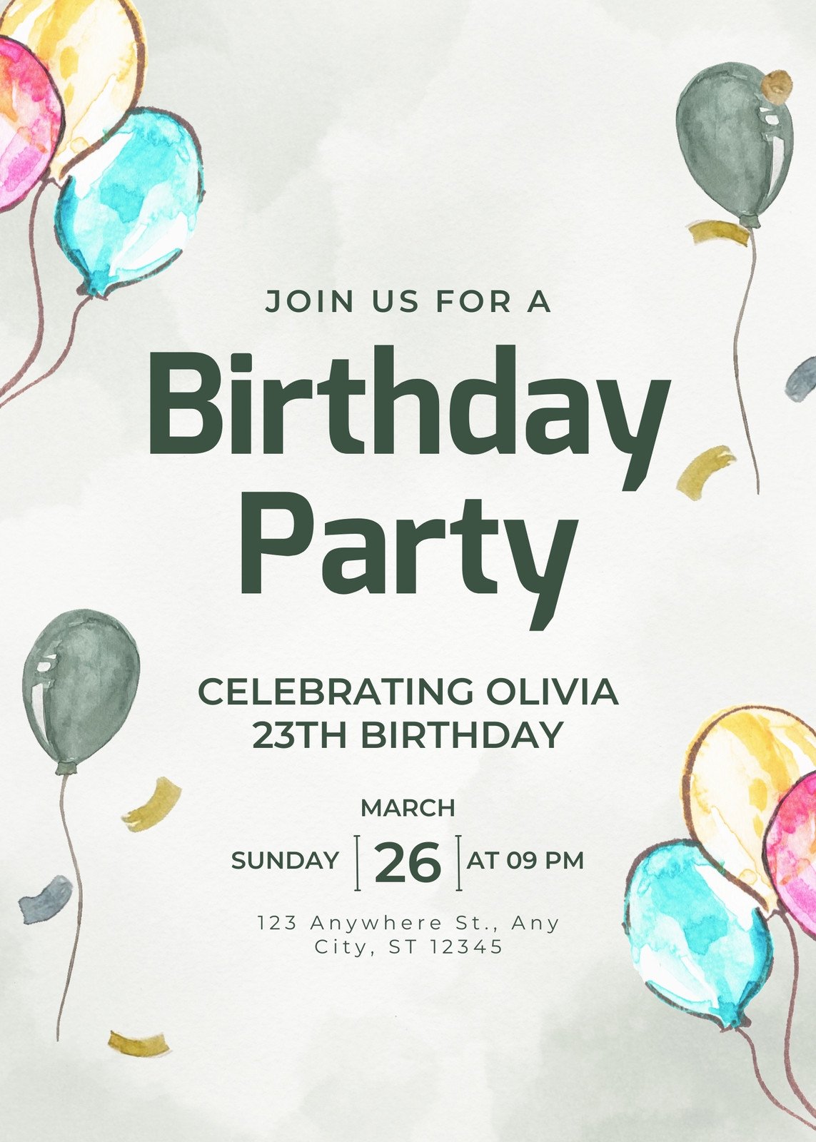 Green Watercolor Birthday Party Flyer