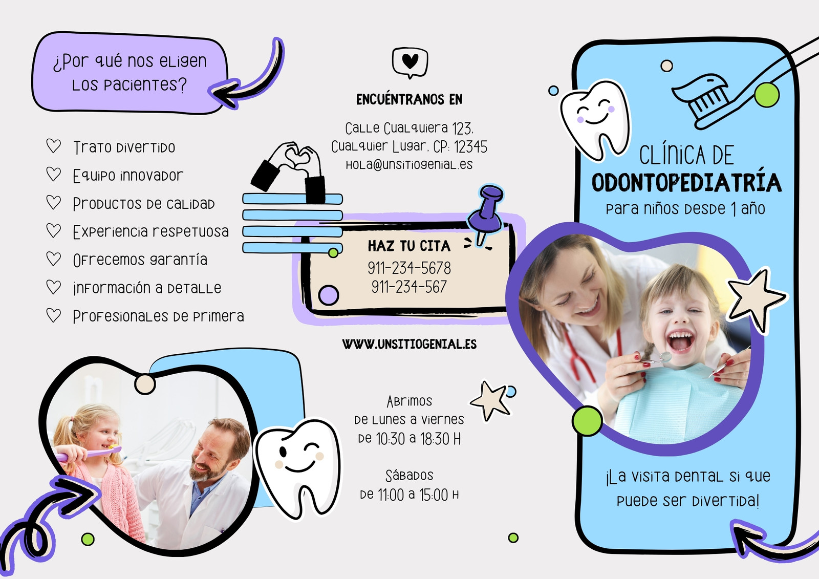 Folleto Tríptico Clínica Dental para Niños Infantil Ilustrado Celeste Lila y Beige