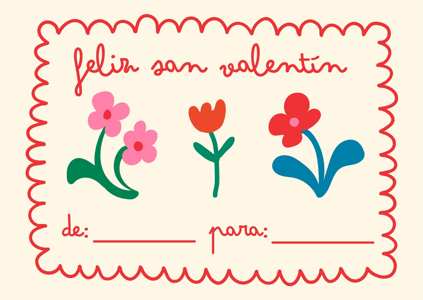Tarjeta de San Valentín Floral Ilustrativo Rojo y Beige