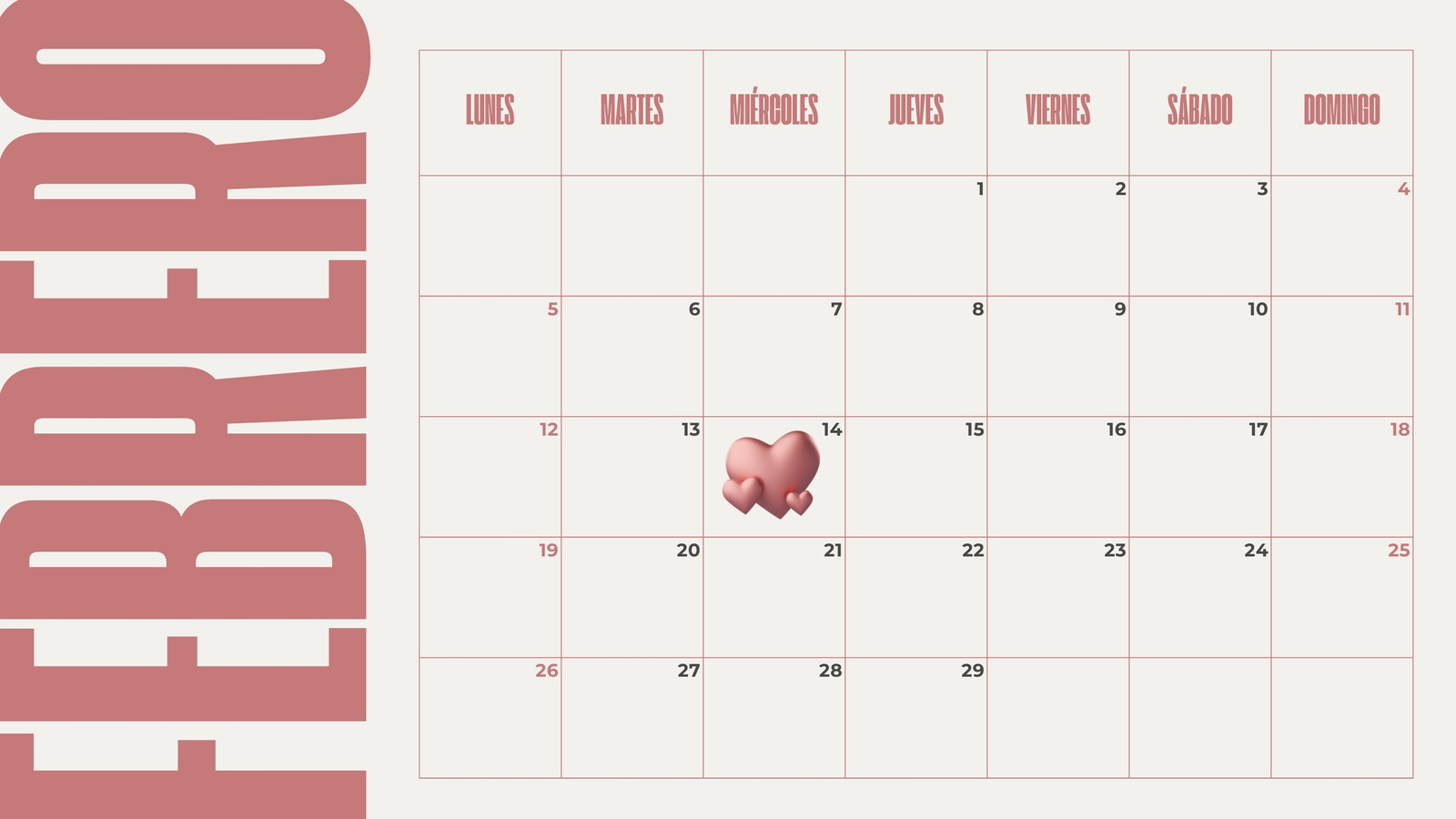 Calendario Mes de Febrero Moderno Rosa y Beige