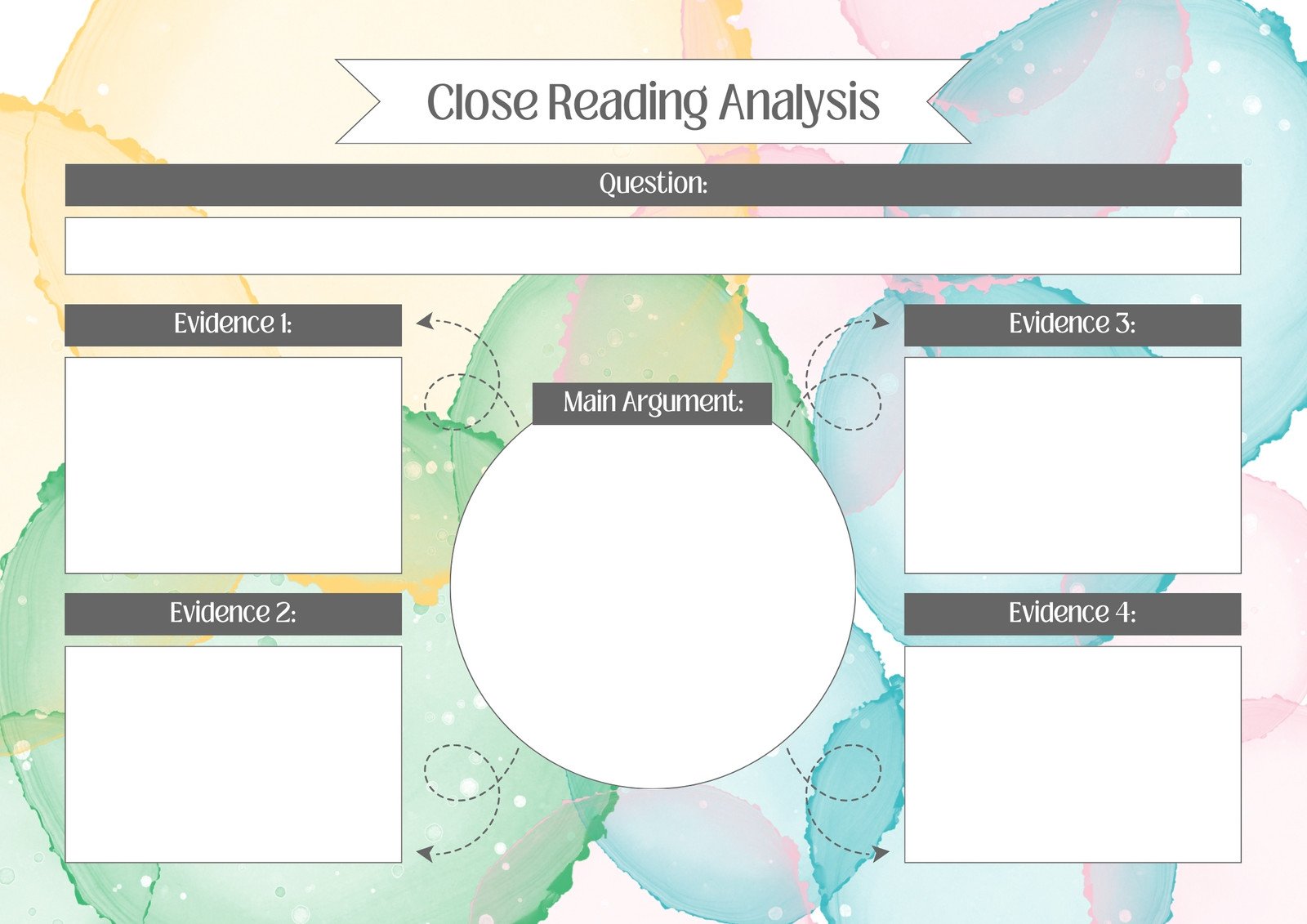 Close Reading Analysis Graphic Organiser in Colorful Pastel Watercolour Style