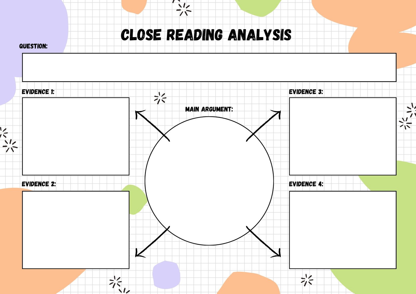 Close Reading Analysis Graphic Organiser in Colourful Pastel Doodle Style