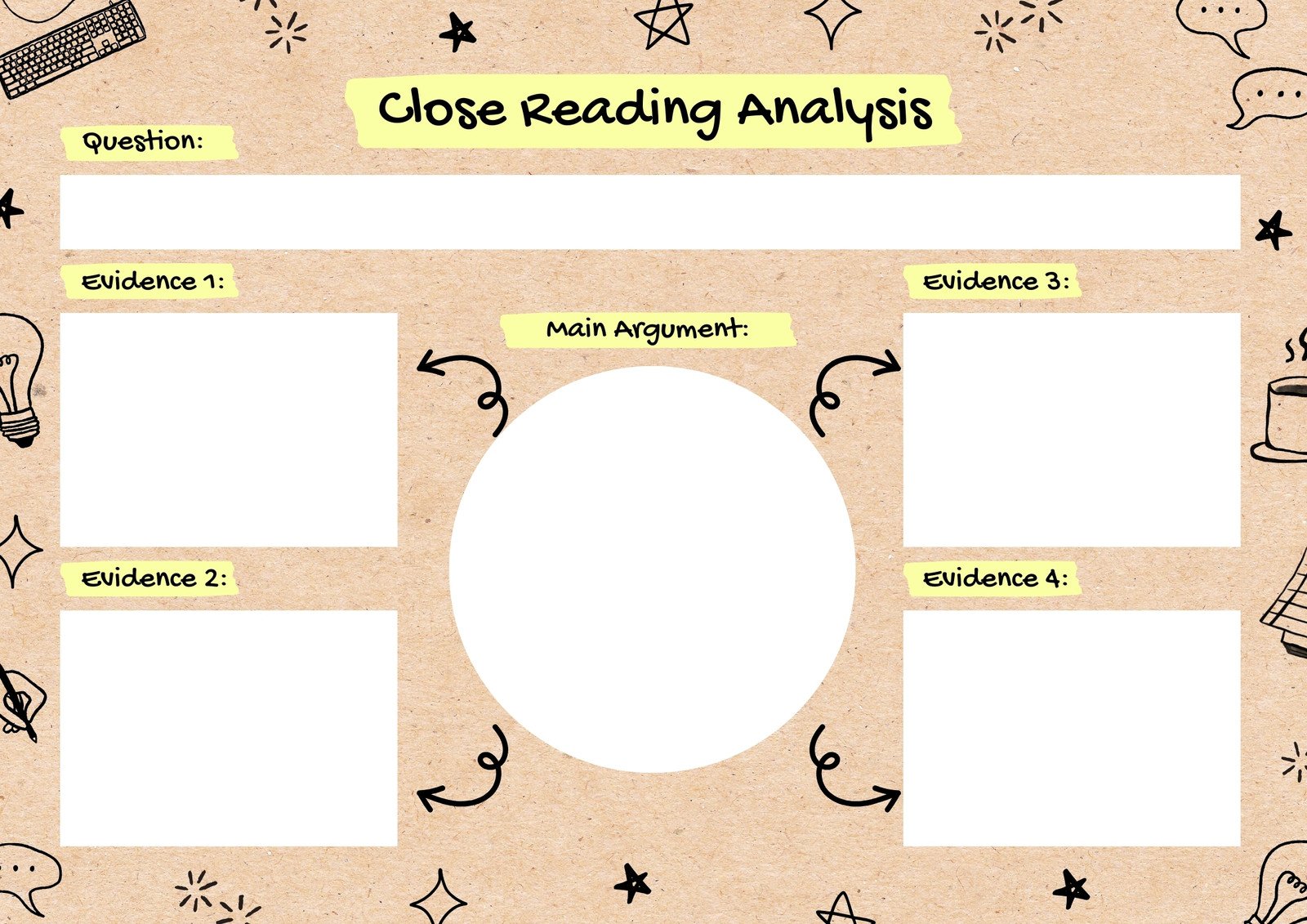 Close Reading Analysis Graphic Organiser in Yellow Brown Cardboard Doodle Style