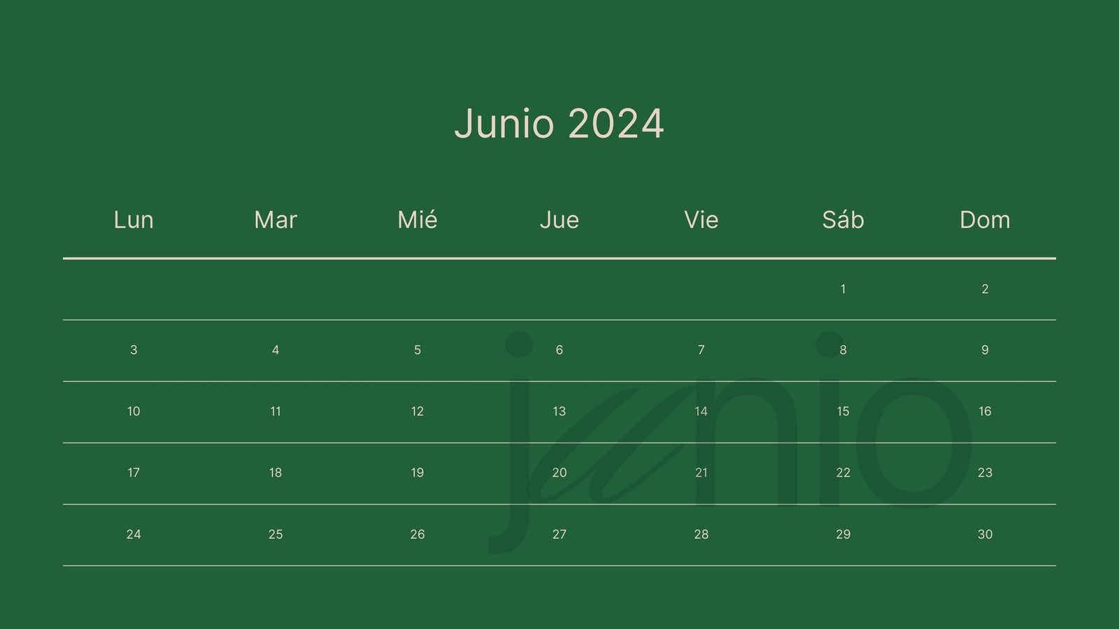 Calendario de Pared Verde Intenso y Beis Junio 2024