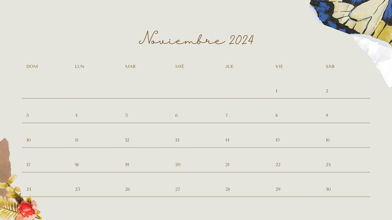 Calendario Mensual en Marfil estilo libro de recortes Vintage