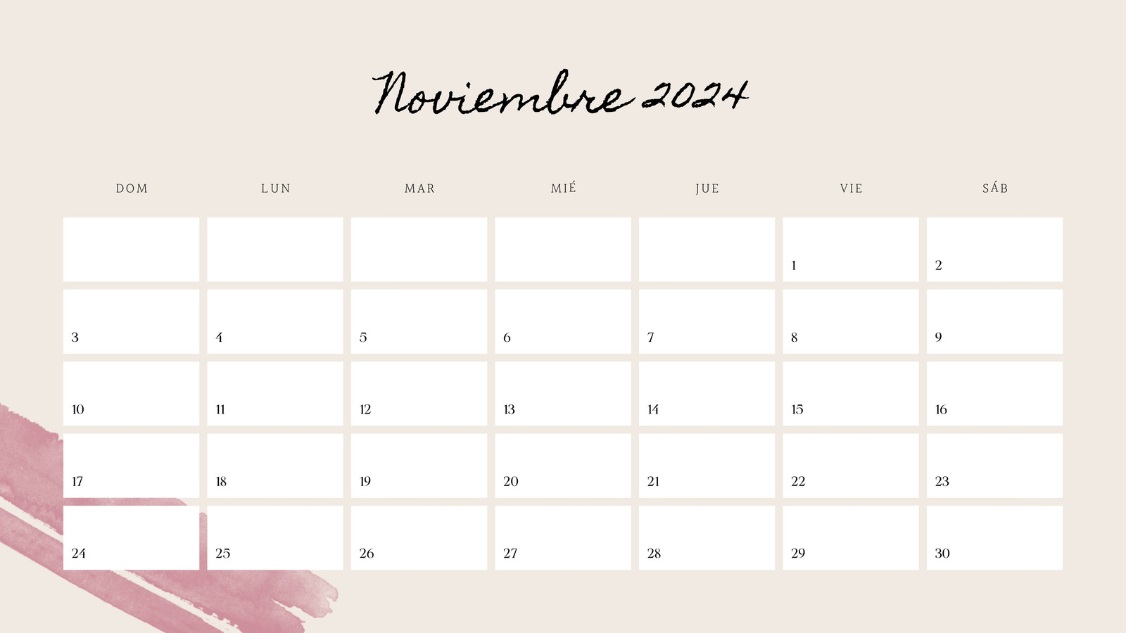 Calendario Mensual en Crema Rosa estilo Orgánico