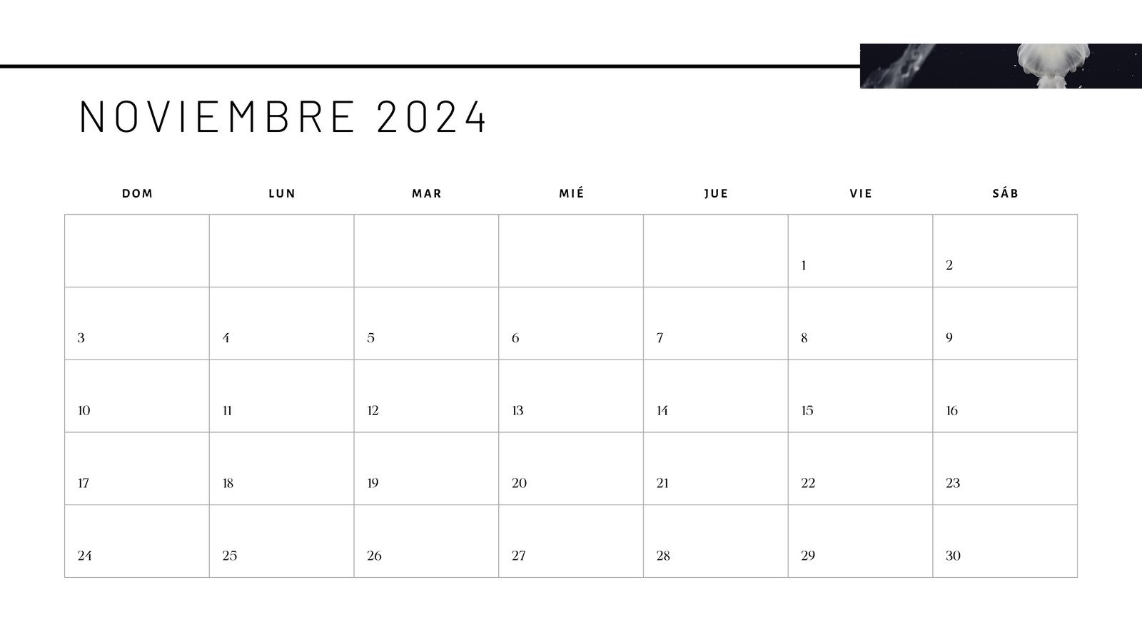 Calendario Mensual en Blanco Negro estilo Fotocéntrico 