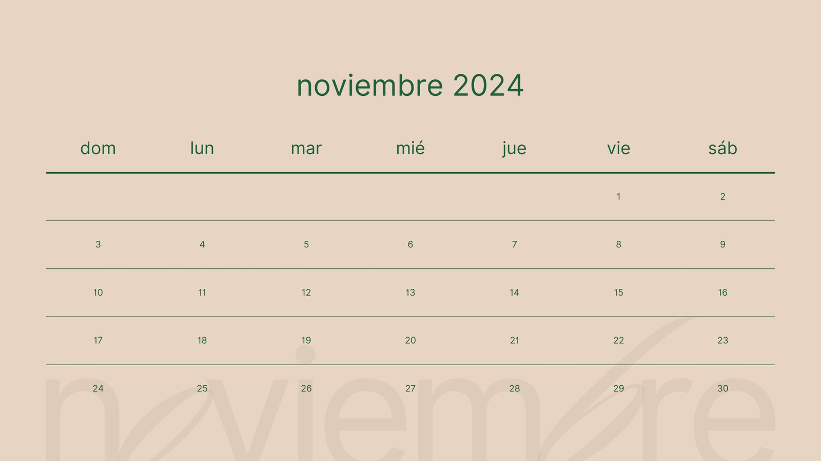 Calendario Mensual en Marrón Claro Verde estilo Minimalista