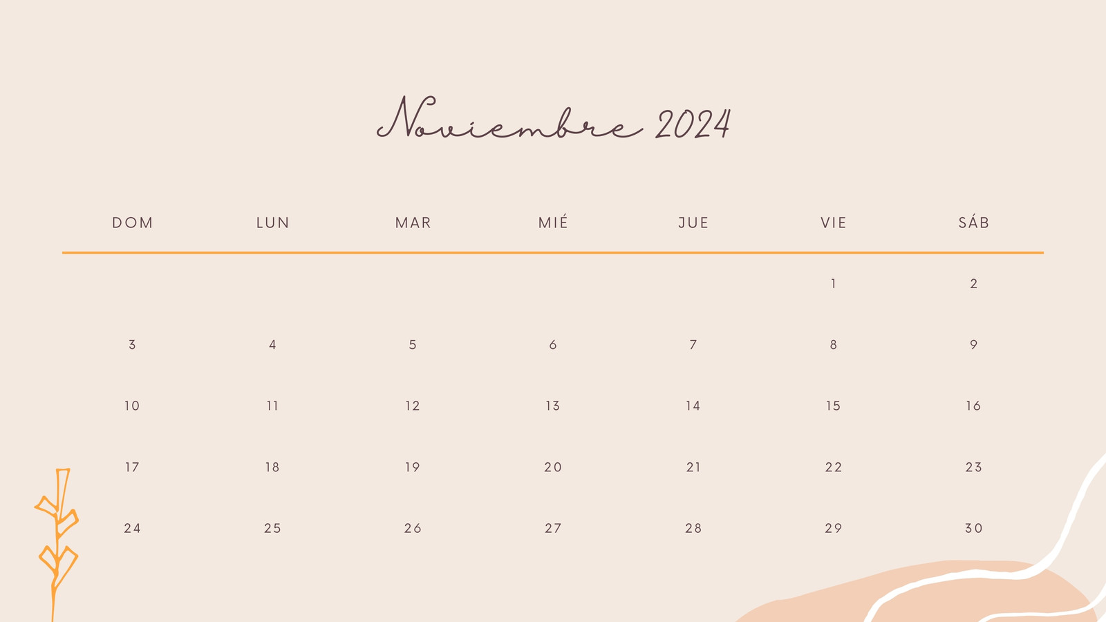 Calendario Mensual en Naranja estilo Orgánico