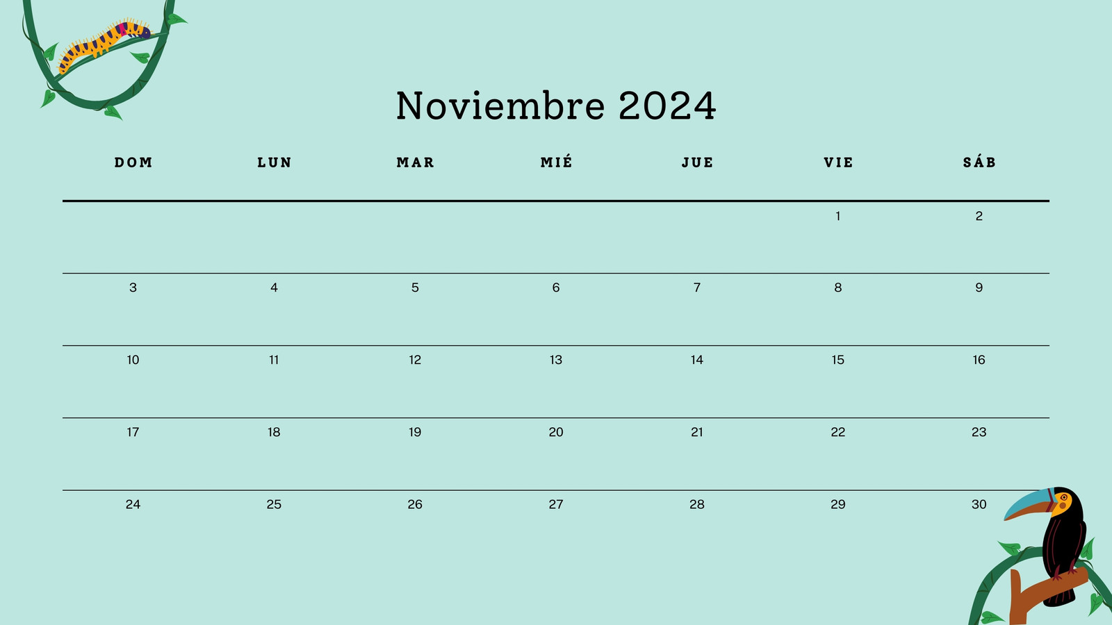 Calendario Mensual en Verde Azulado estilo Divertido Ilustrativo
